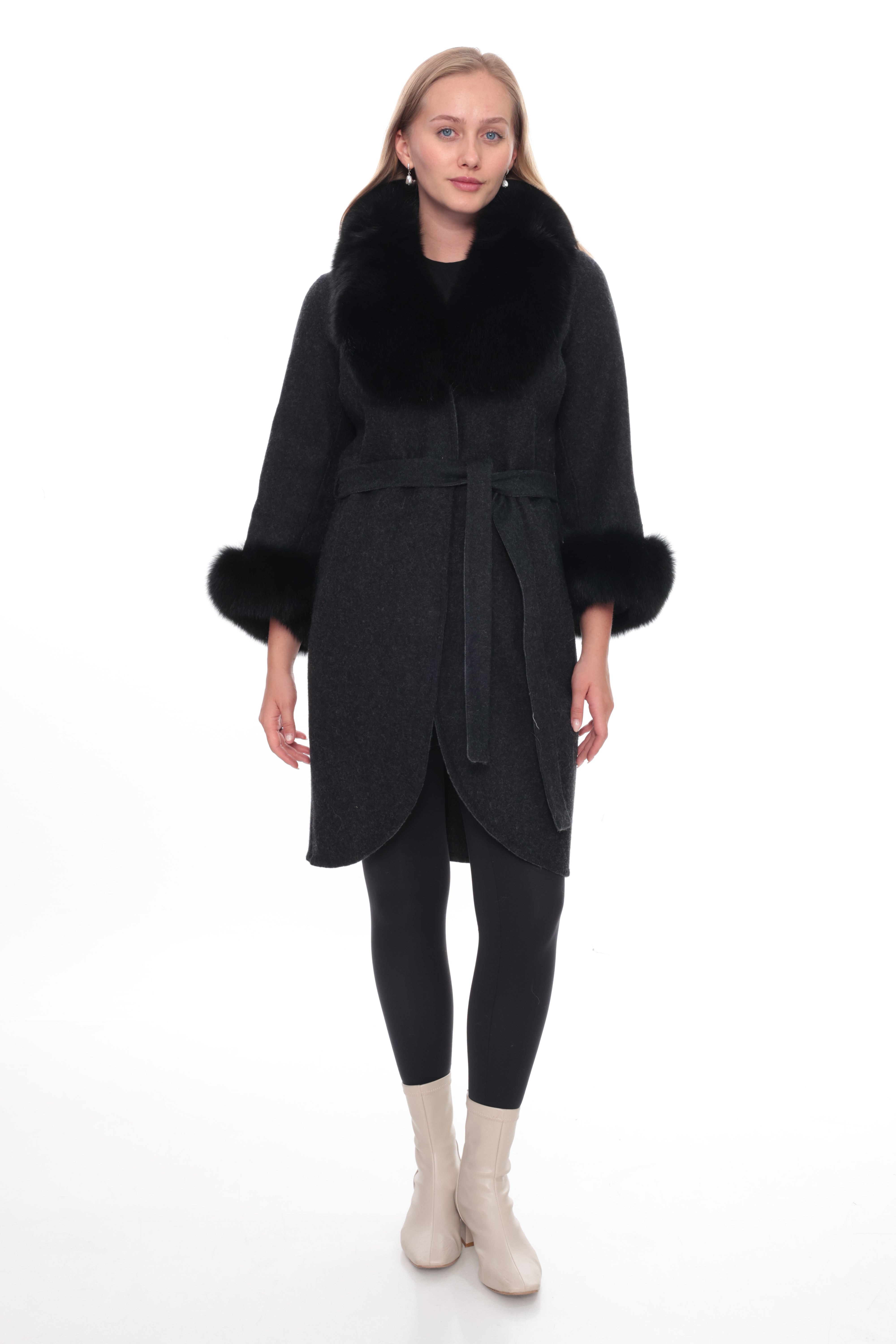 MIREYA Anthracite Alpaca Coat with Black Fur Collar