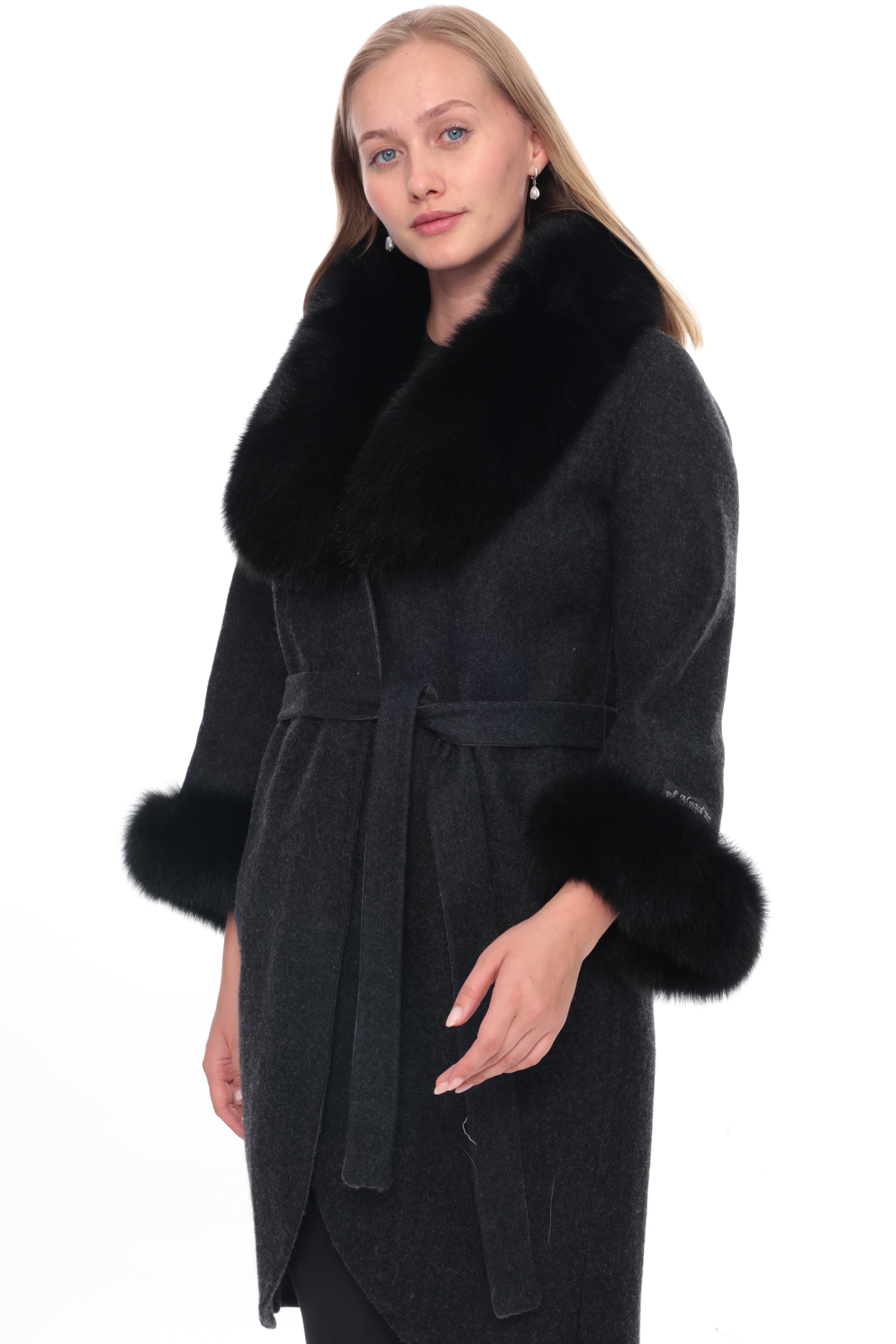 MIREYA Anthracite Alpaca Coat with Black Fur Collar