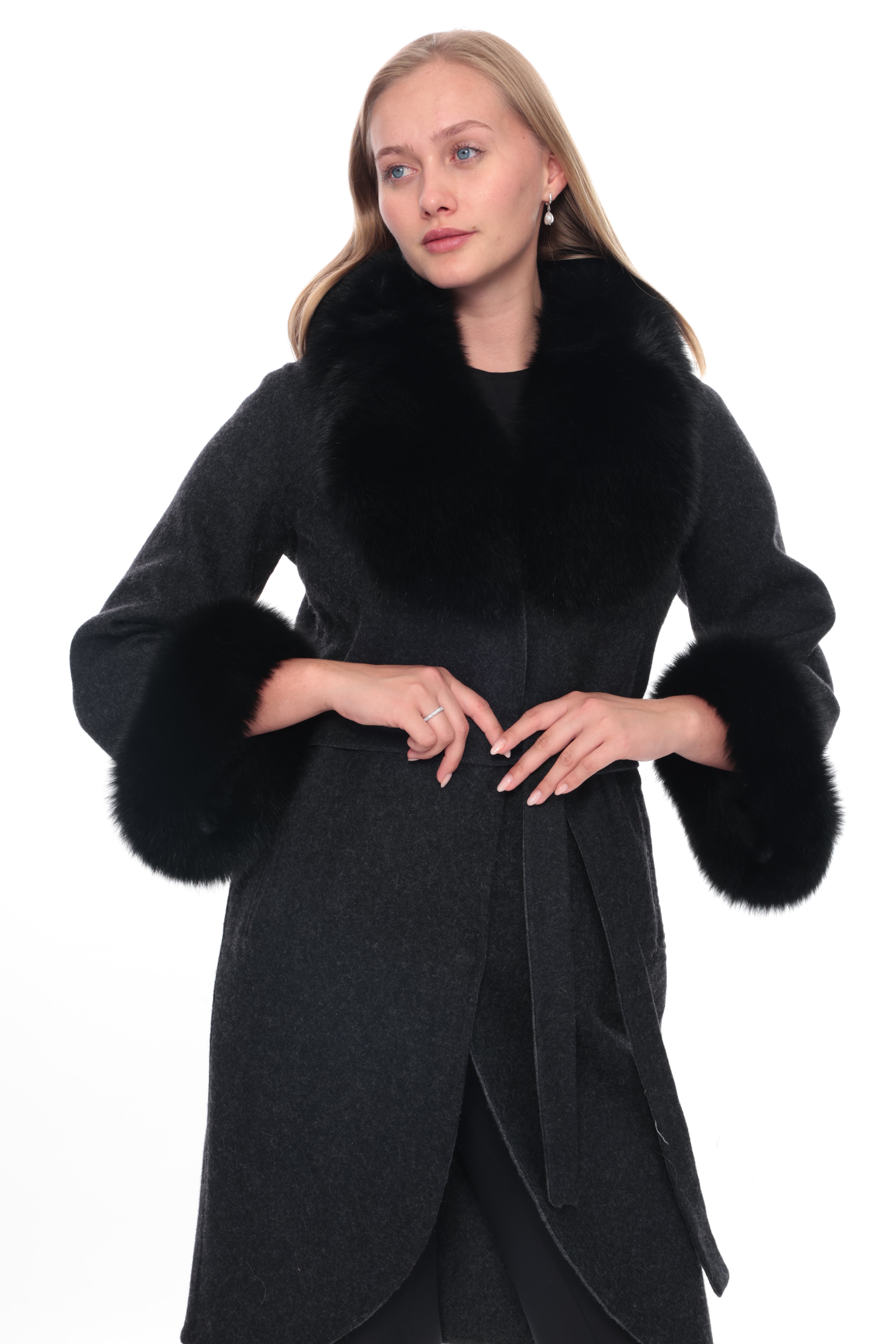 MIREYA Anthracite Alpaca Coat with Black Fur Collar