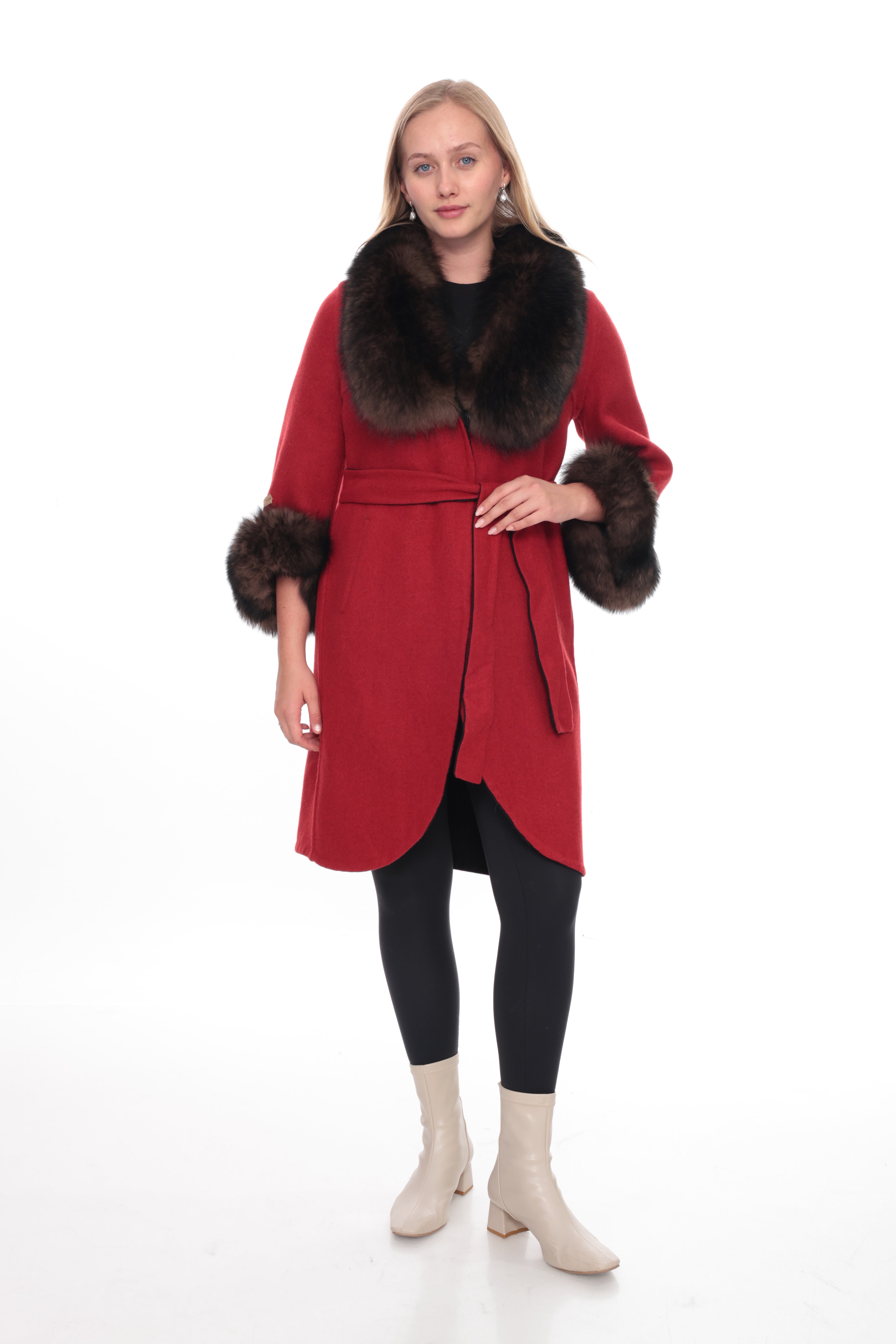 SELENA Red Alpaca Coat with Brown Fur Collar