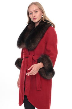 SELENA Red Alpaca Coat with Brown Fur Collar