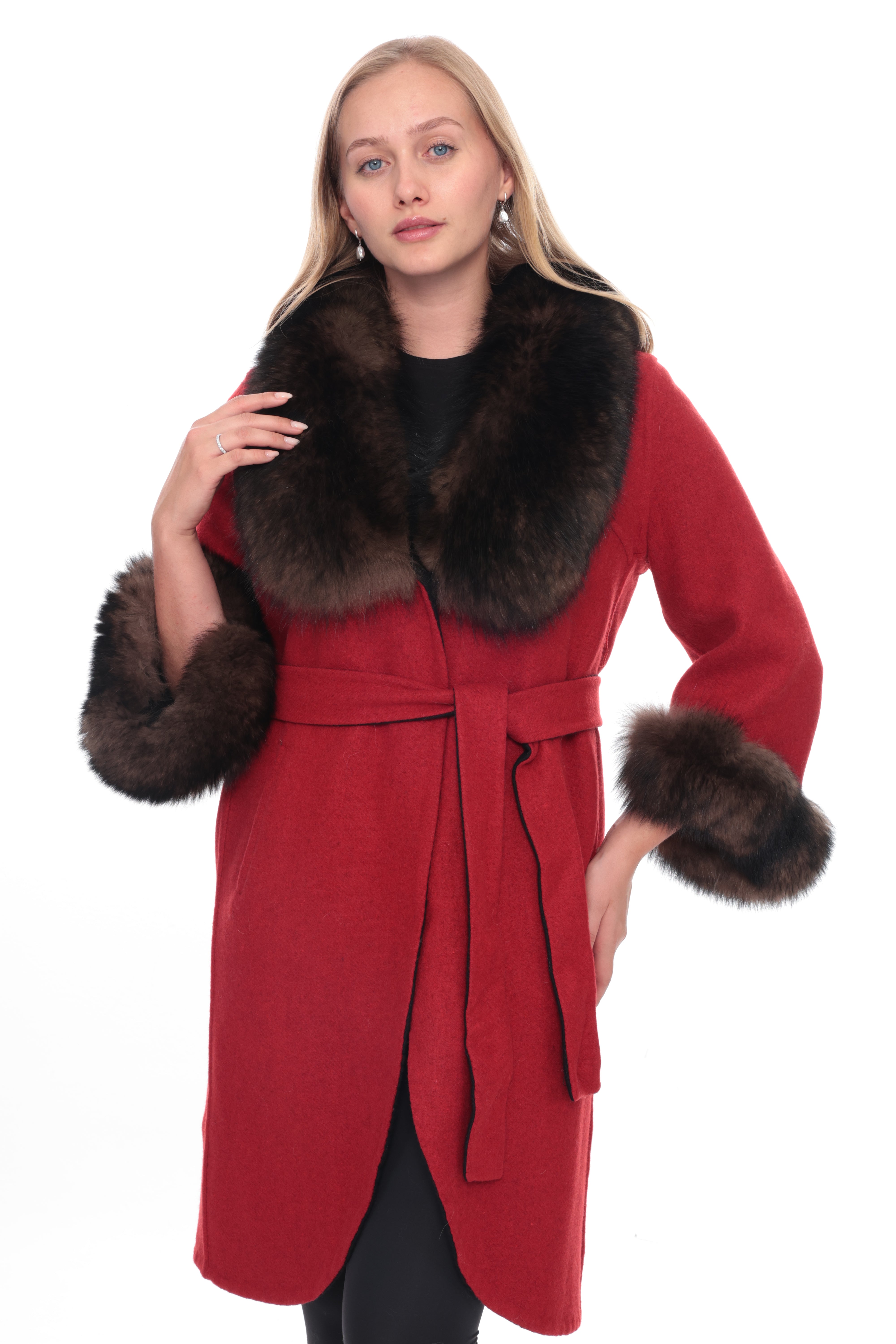 SELENA Red Alpaca Coat with Brown Fur Collar