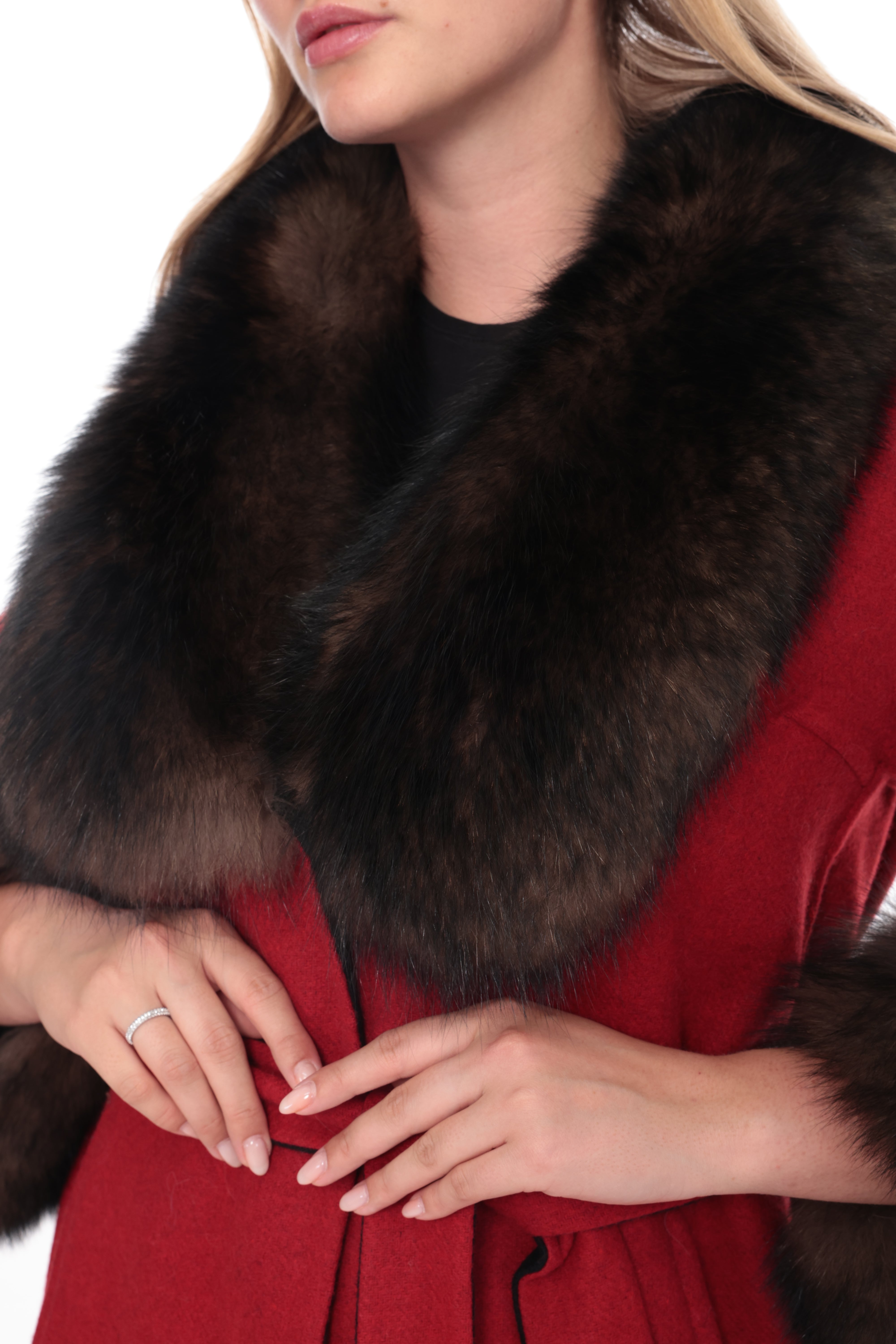 SELENA Red Alpaca Coat with Brown Fur Collar