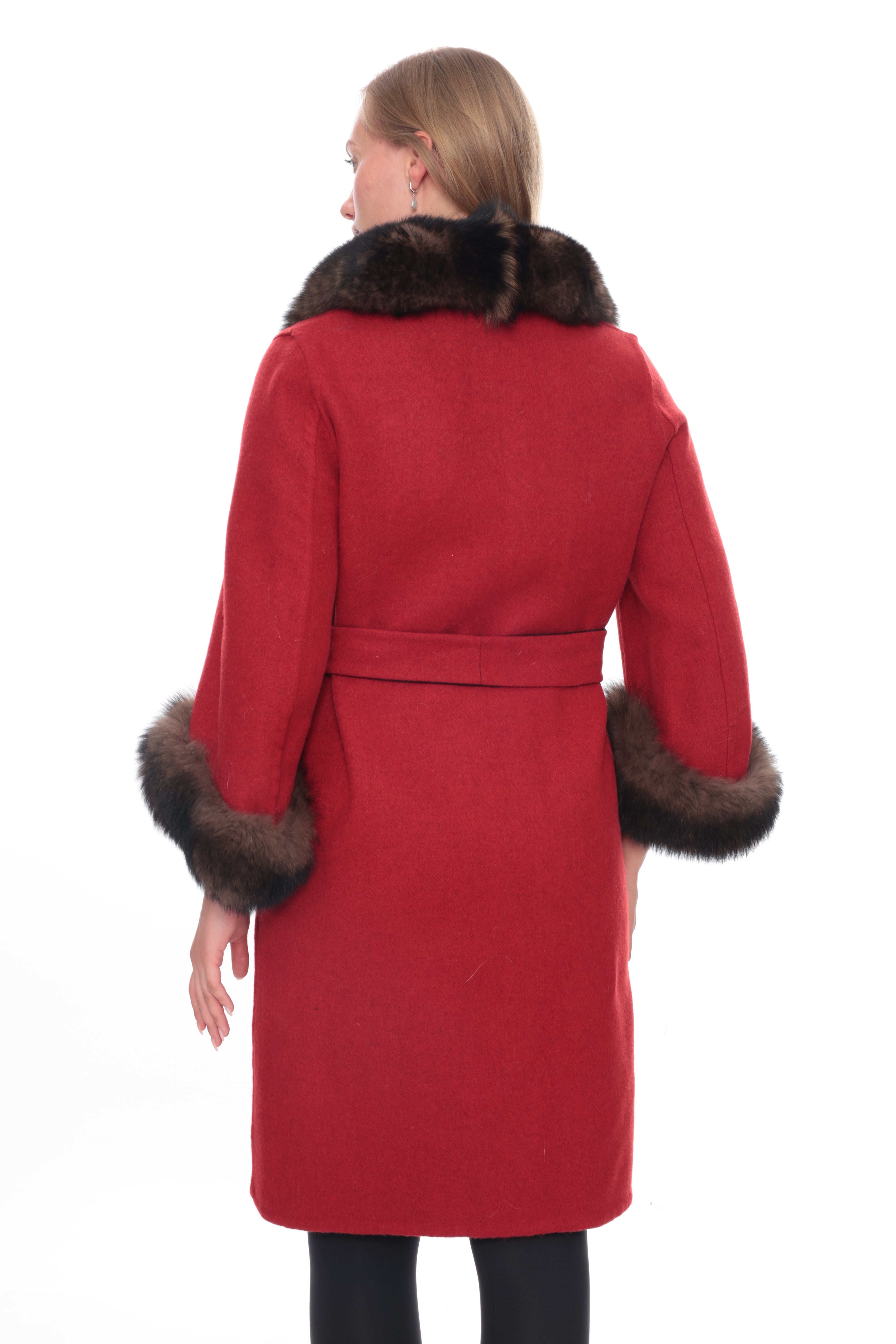 SELENA Red Alpaca Coat with Brown Fur Collar