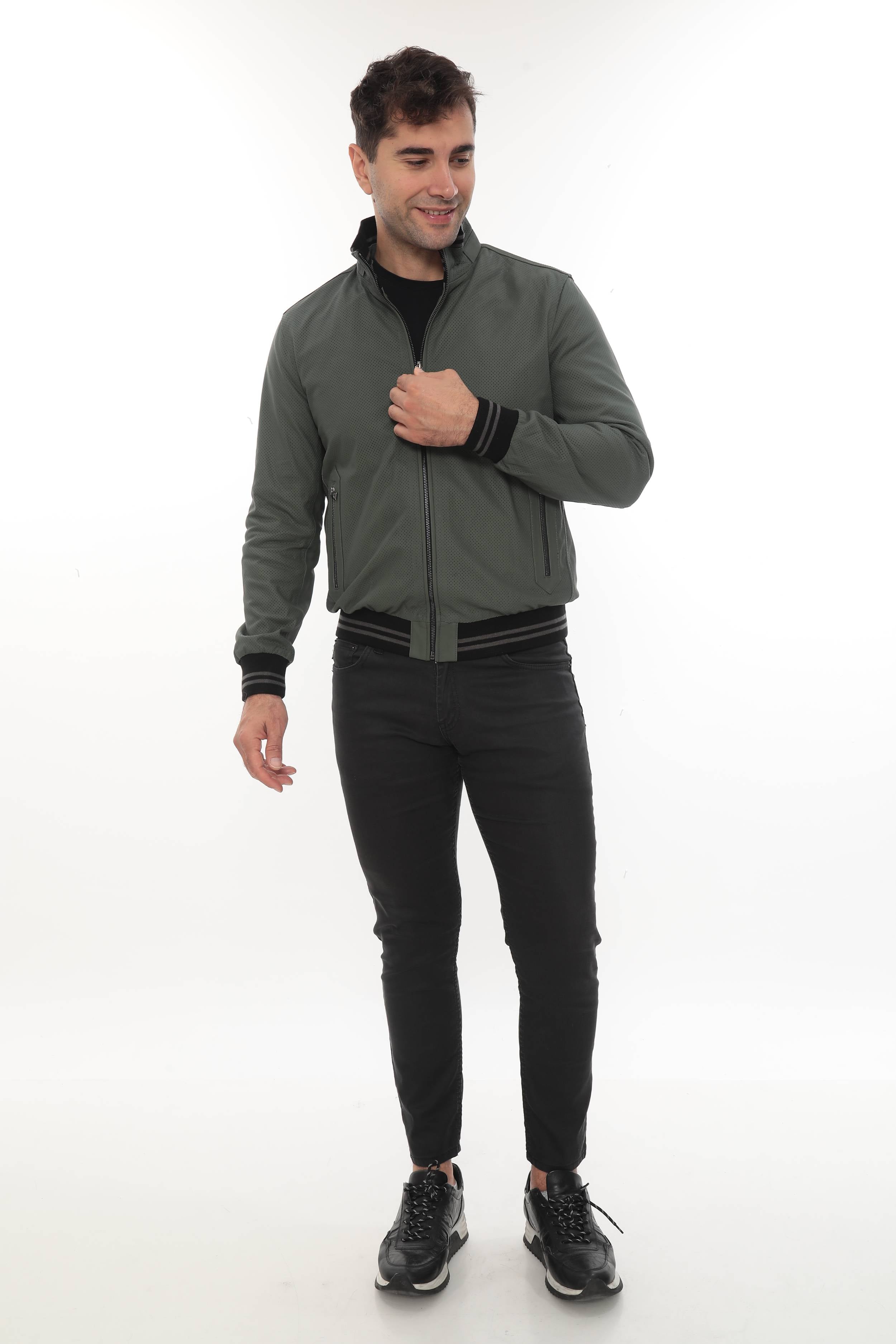 MILLER Black Perforated Genuine Lambskin Leather Bomber Jacket Khaki