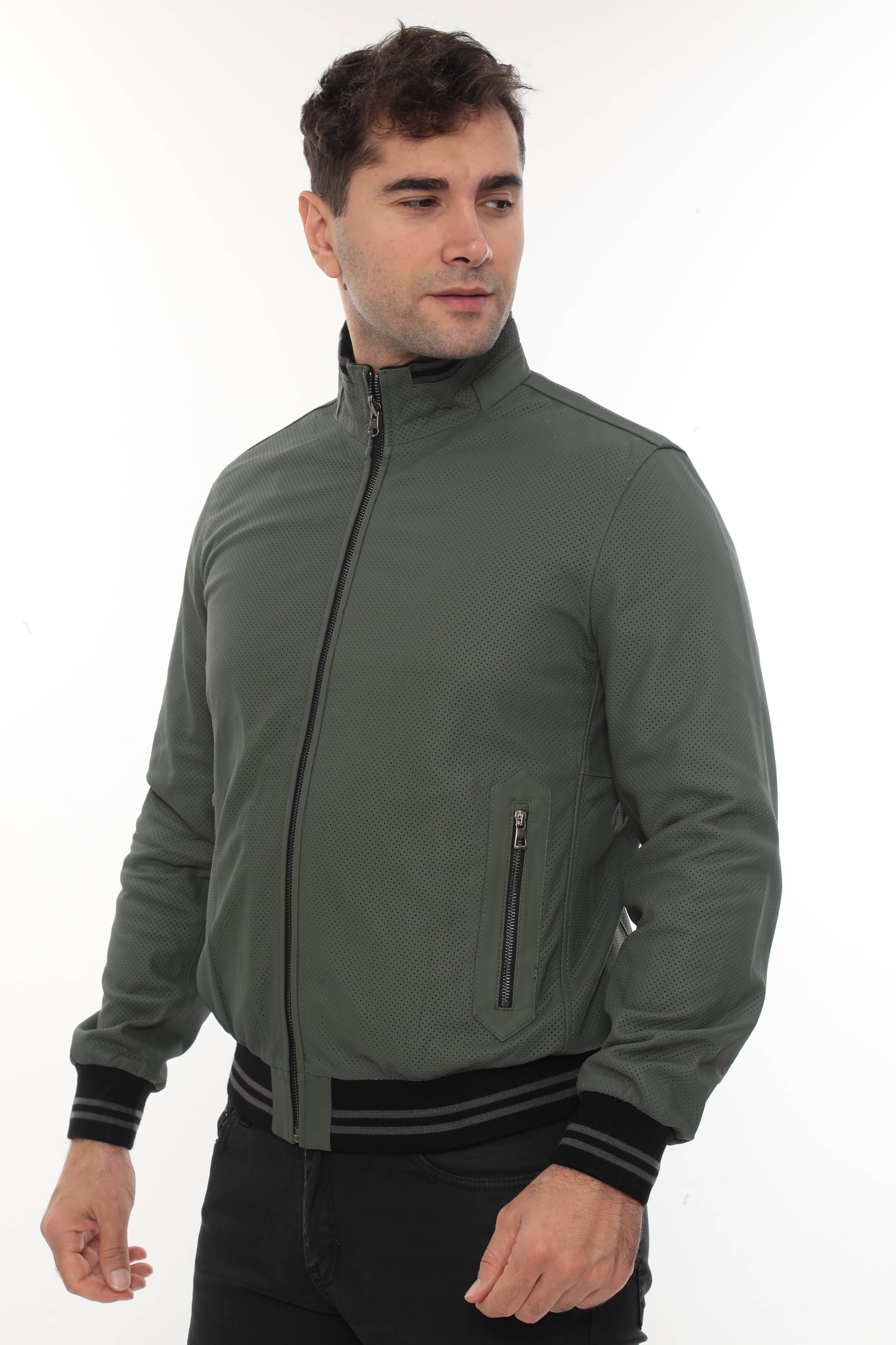 MILLER Black Perforated Genuine Lambskin Leather Bomber Jacket Khaki