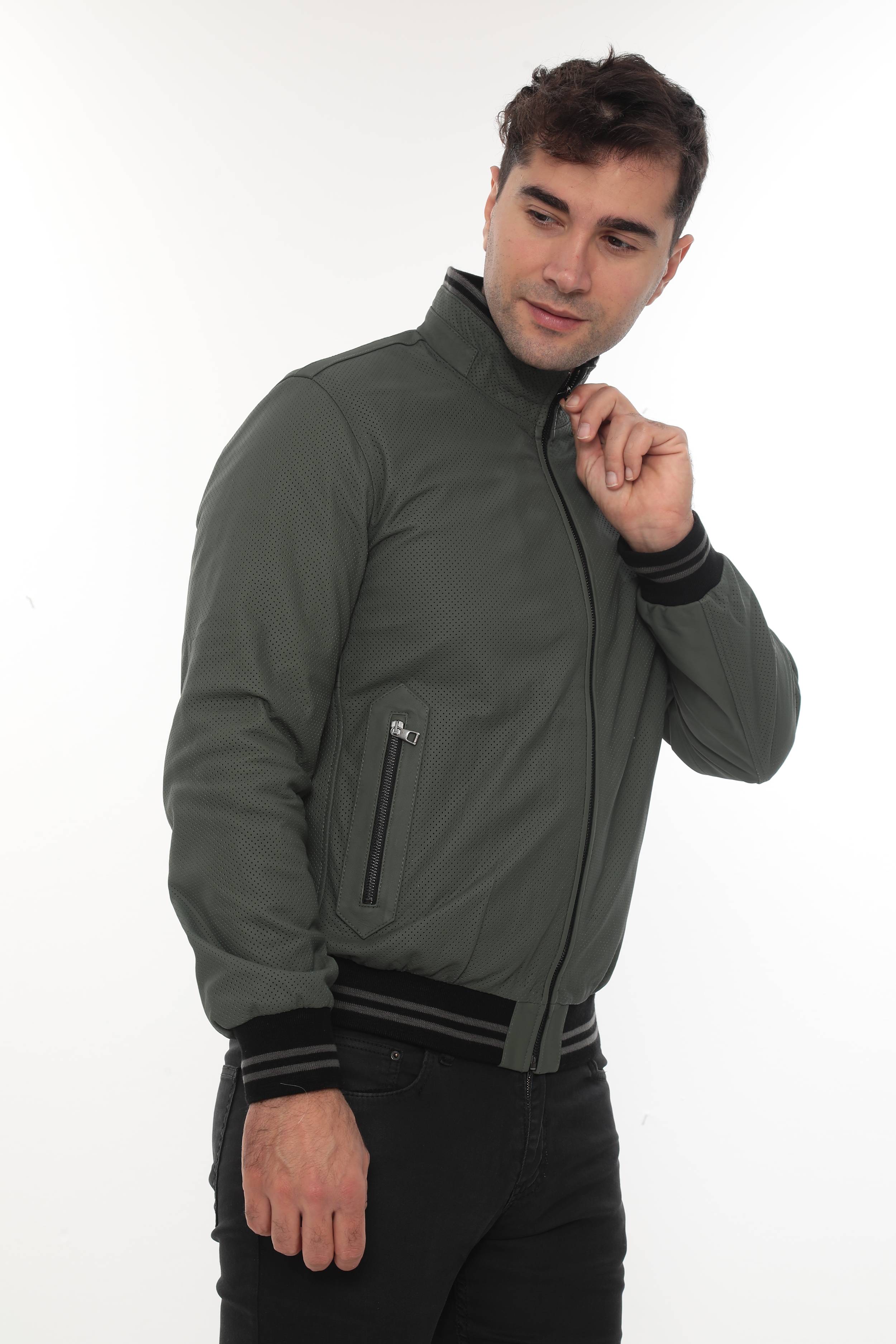 MILLER Black Perforated Genuine Lambskin Leather Bomber Jacket Khaki