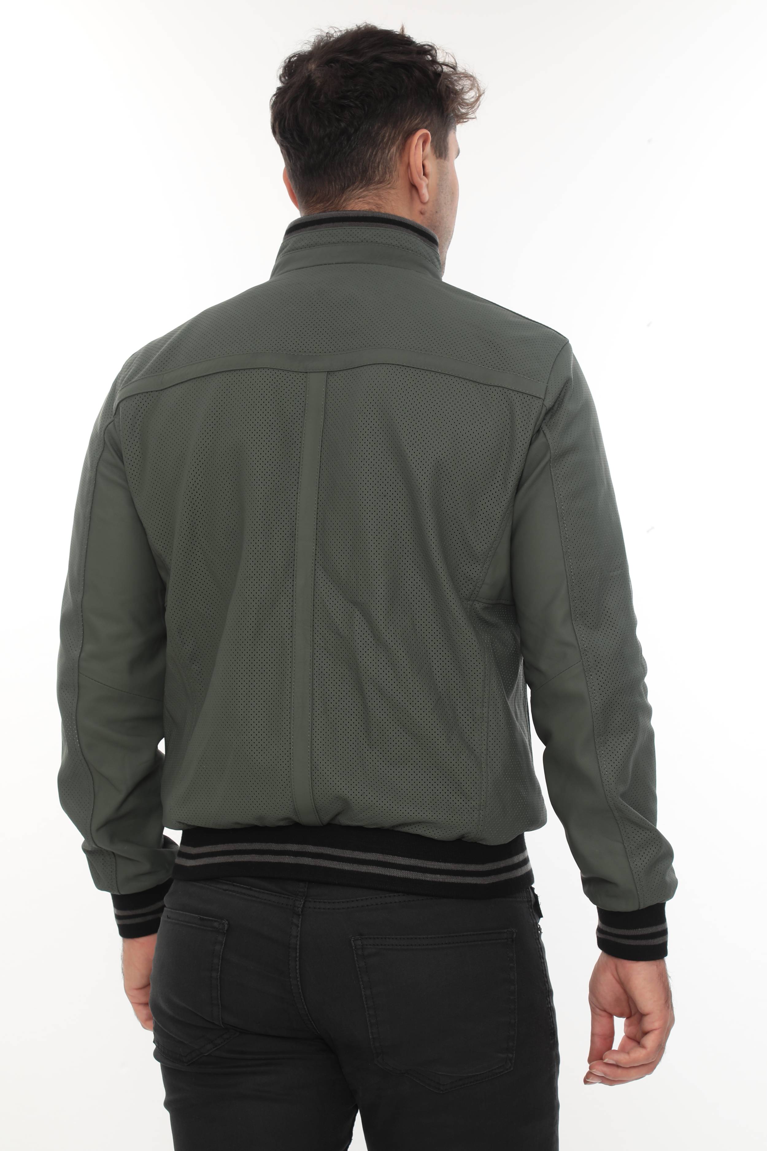 MILLER Black Perforated Genuine Lambskin Leather Bomber Jacket Khaki