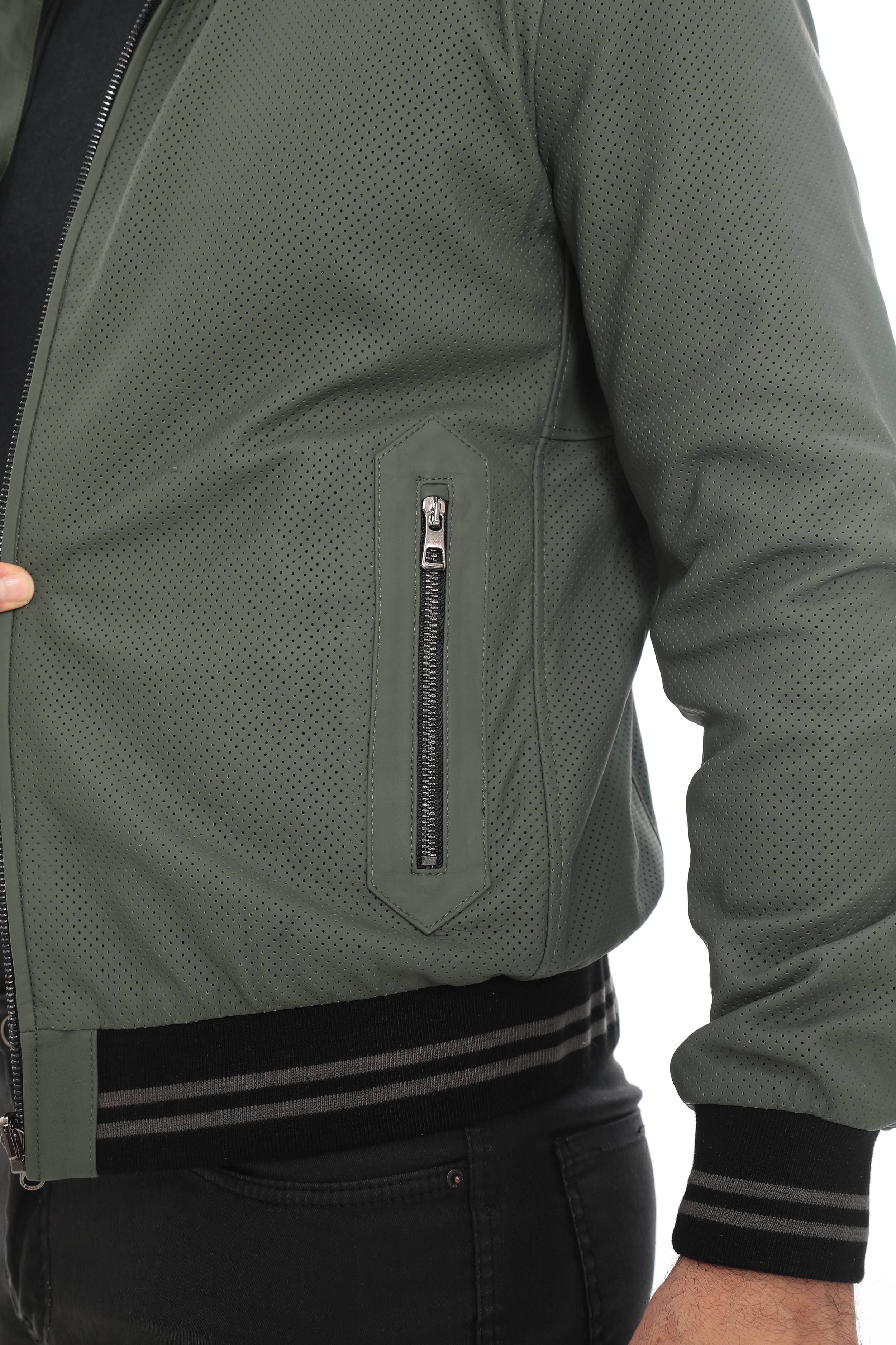 MILLER Black Perforated Genuine Lambskin Leather Bomber Jacket Khaki