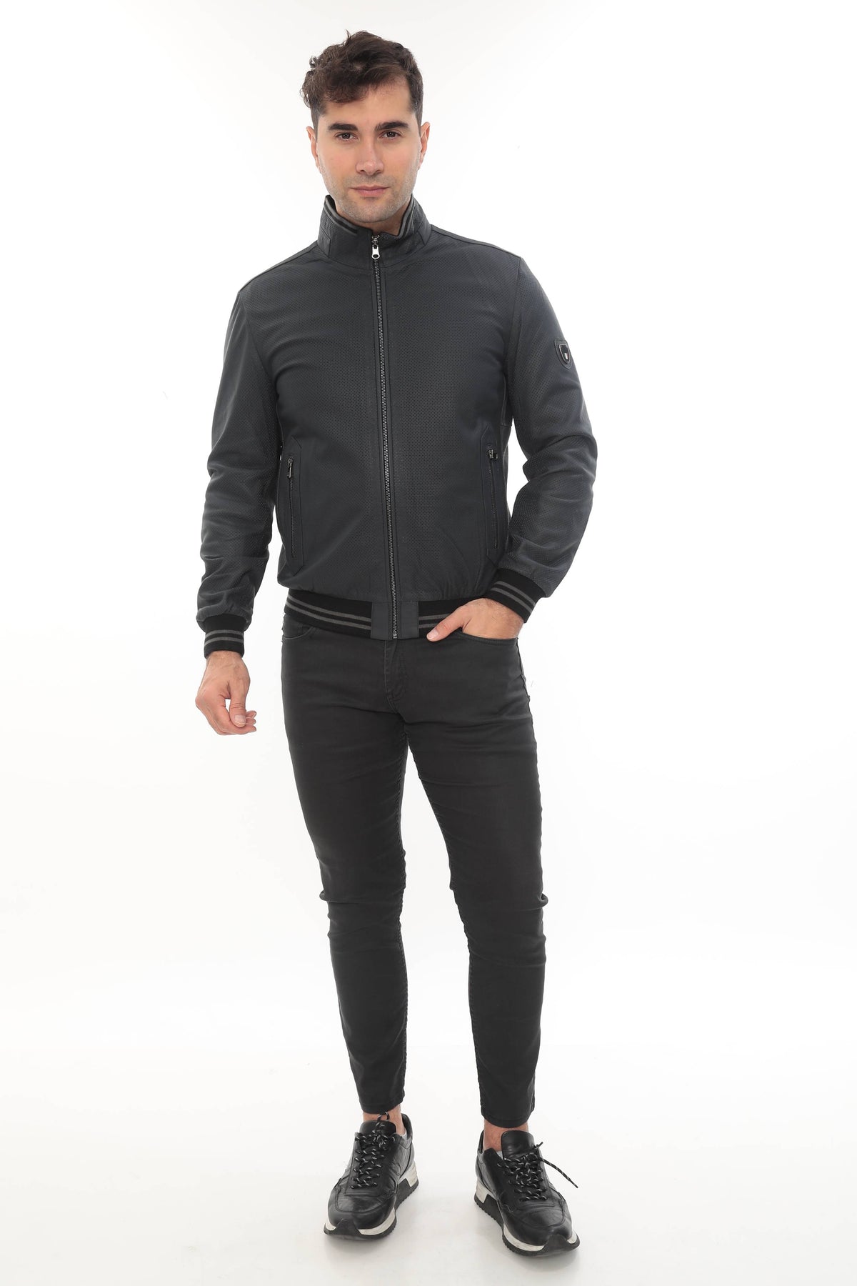 MILLER Black Perforated Genuine Lambskin Leather Bomber Jacket