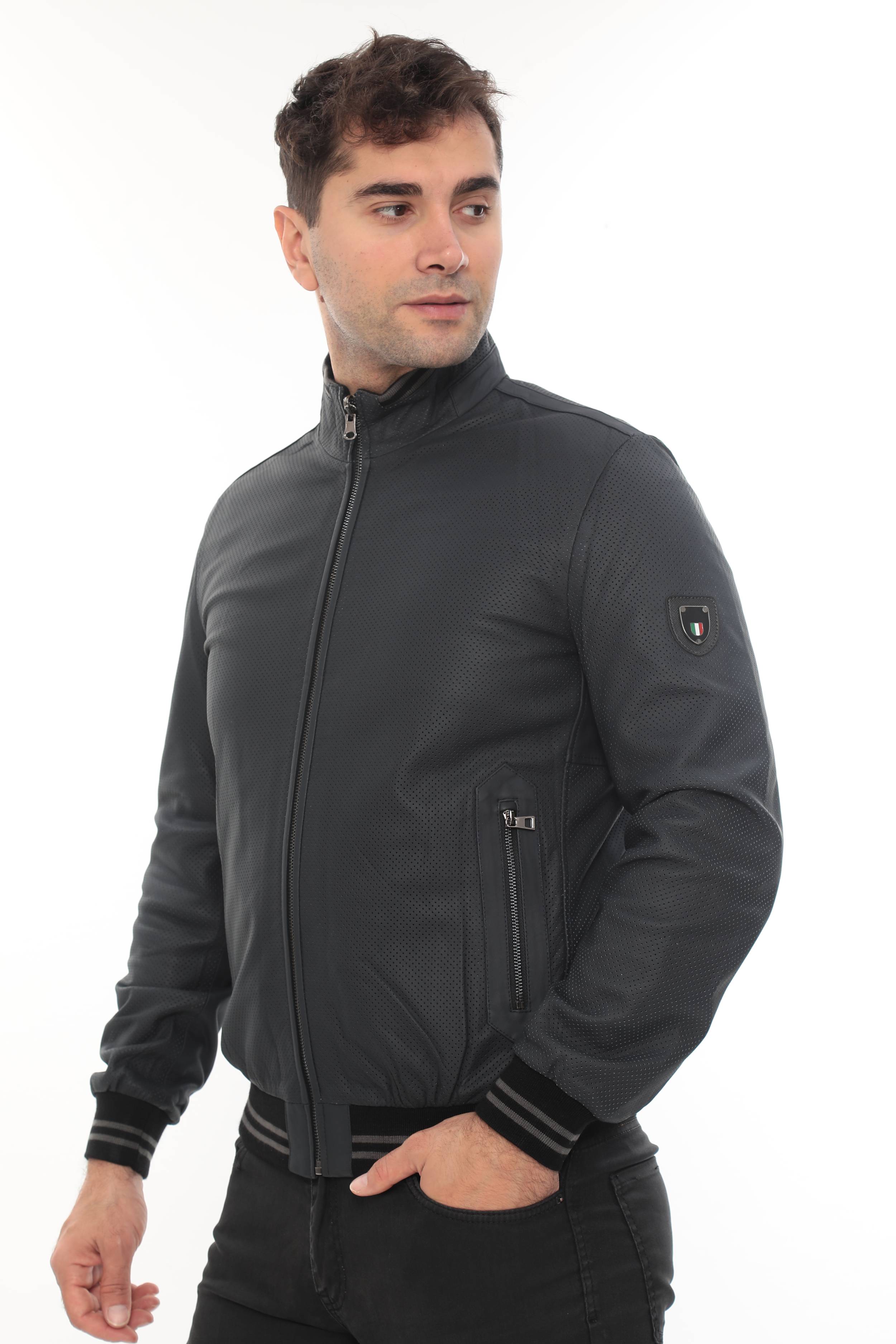 MILLER Black Perforated Genuine Lambskin Leather Bomber Jacket