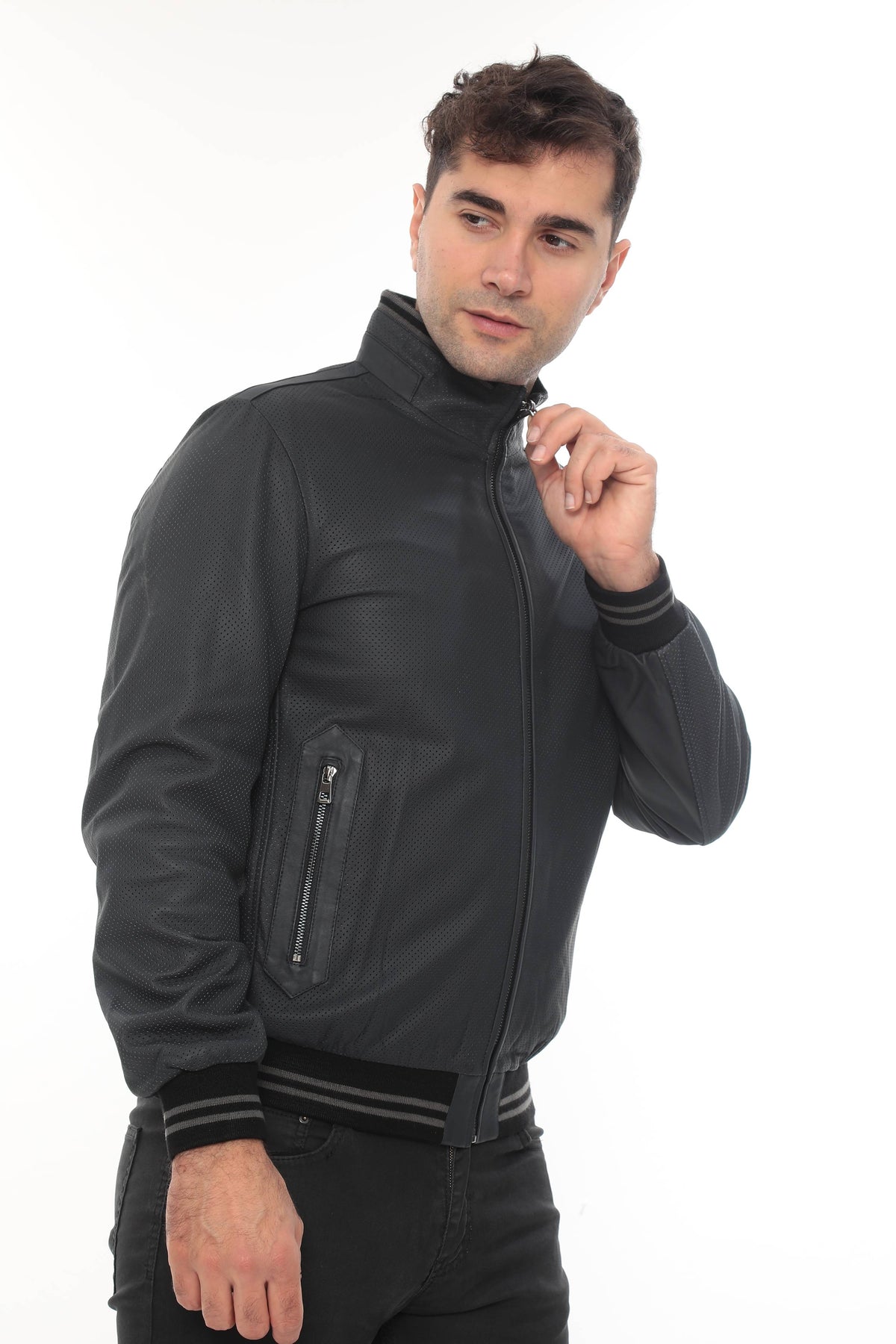 MILLER Black Perforated Genuine Lambskin Leather Bomber Jacket
