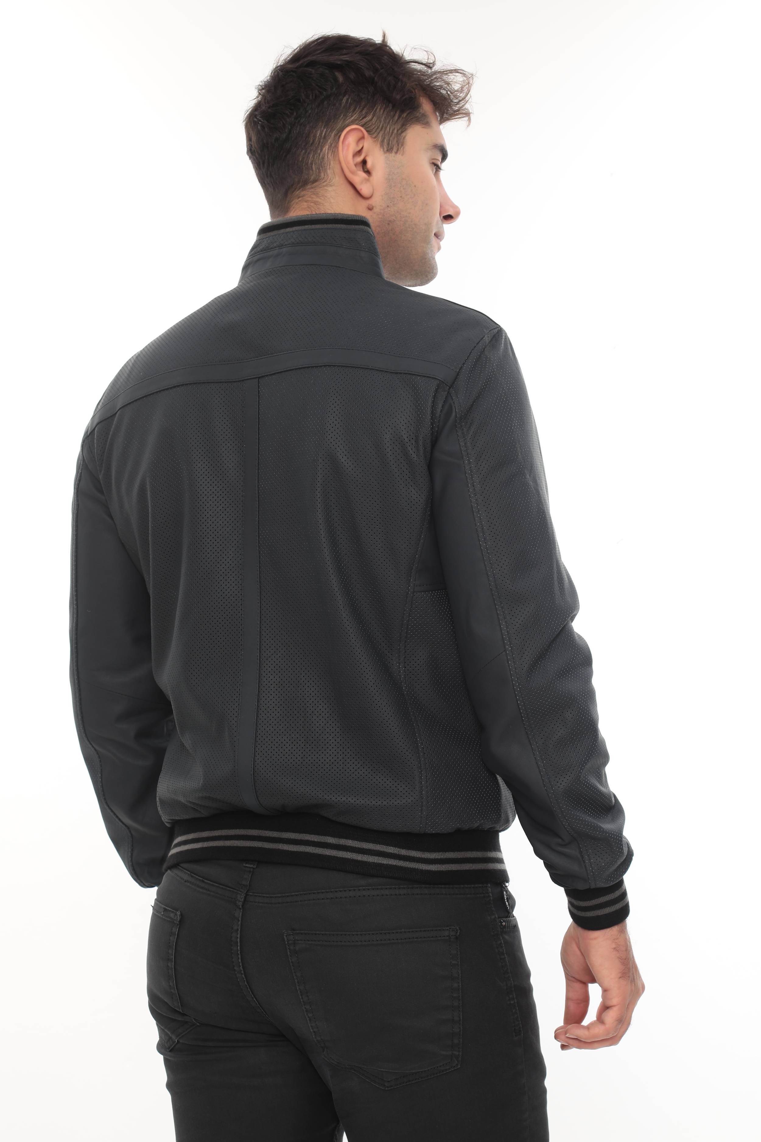 MILLER Black Perforated Genuine Lambskin Leather Bomber Jacket