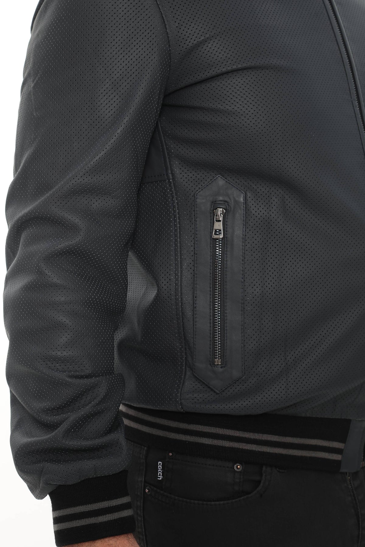 MILLER Black Perforated Genuine Lambskin Leather Bomber Jacket
