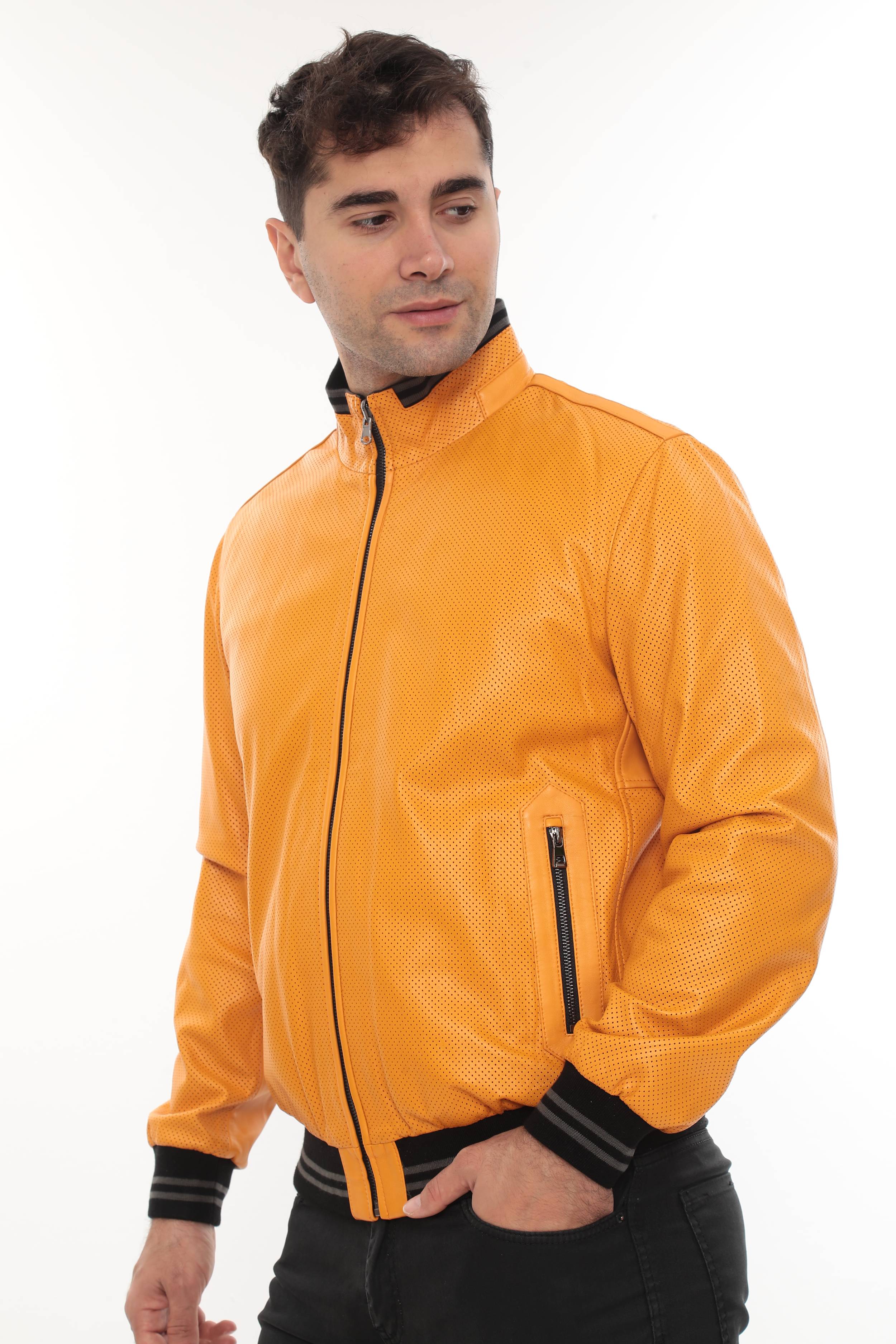 MILLER Black Perforated Genuine Lambskin Leather Bomber Jacket Yellow