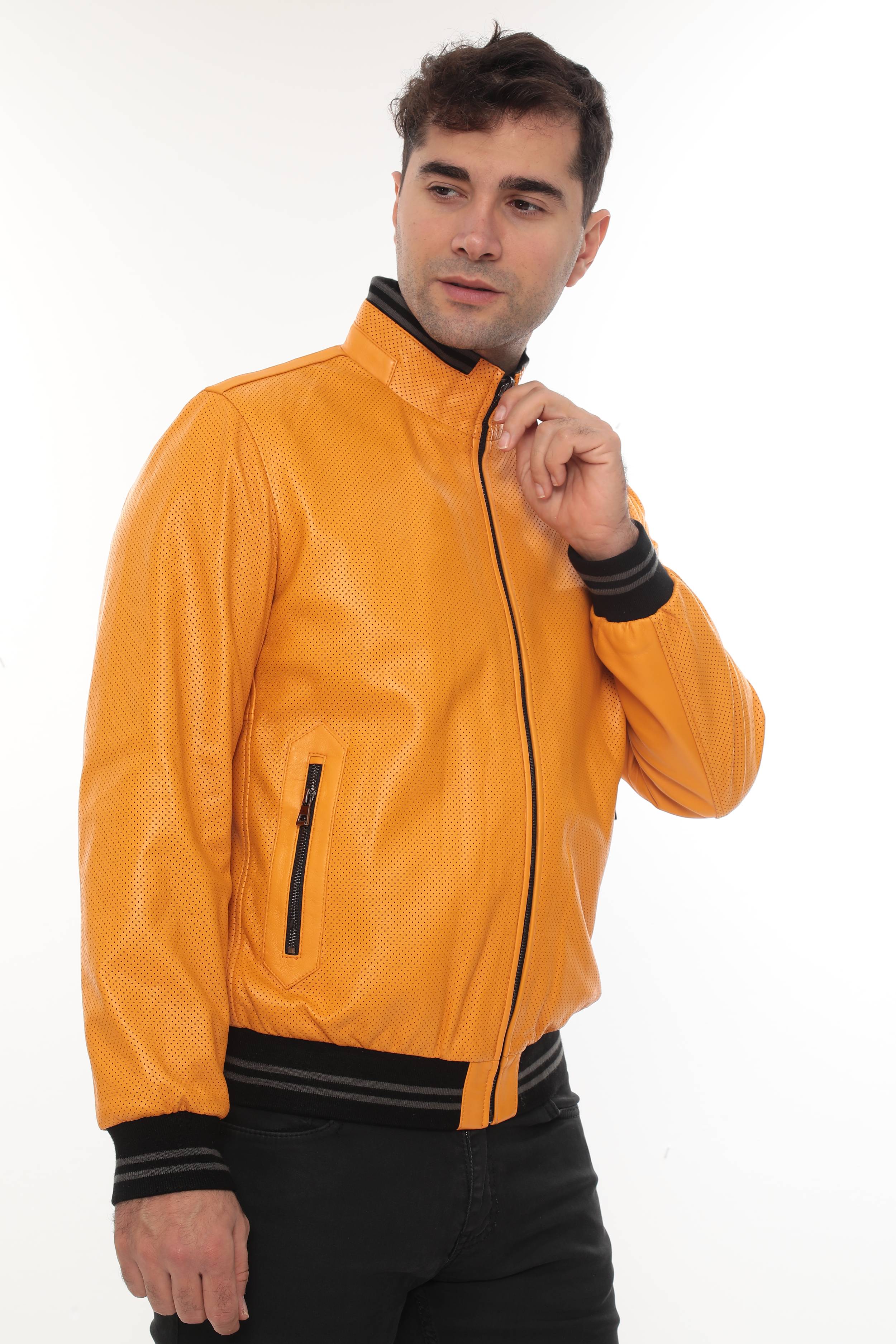MILLER Black Perforated Genuine Lambskin Leather Bomber Jacket Yellow