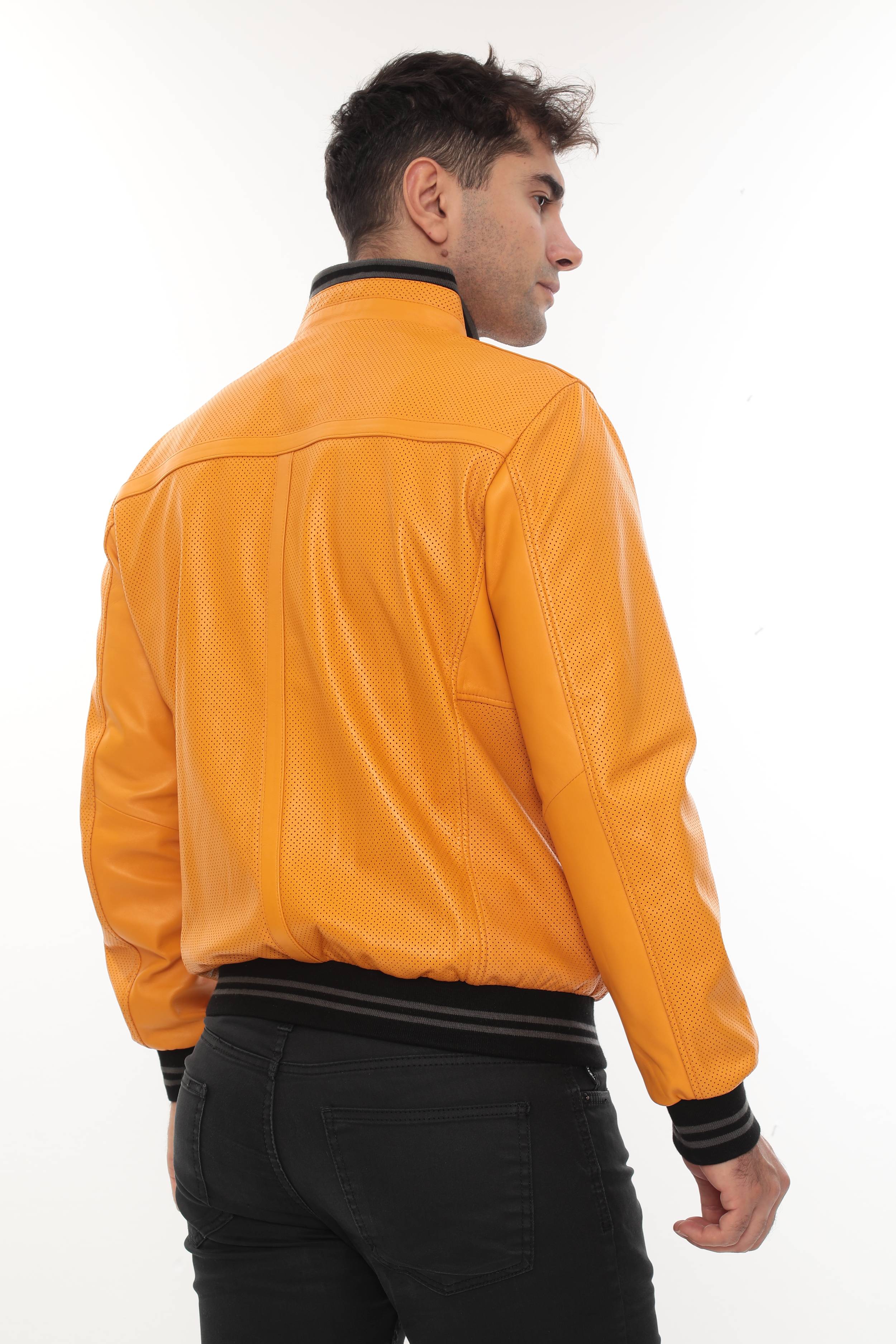 MILLER Black Perforated Genuine Lambskin Leather Bomber Jacket Yellow