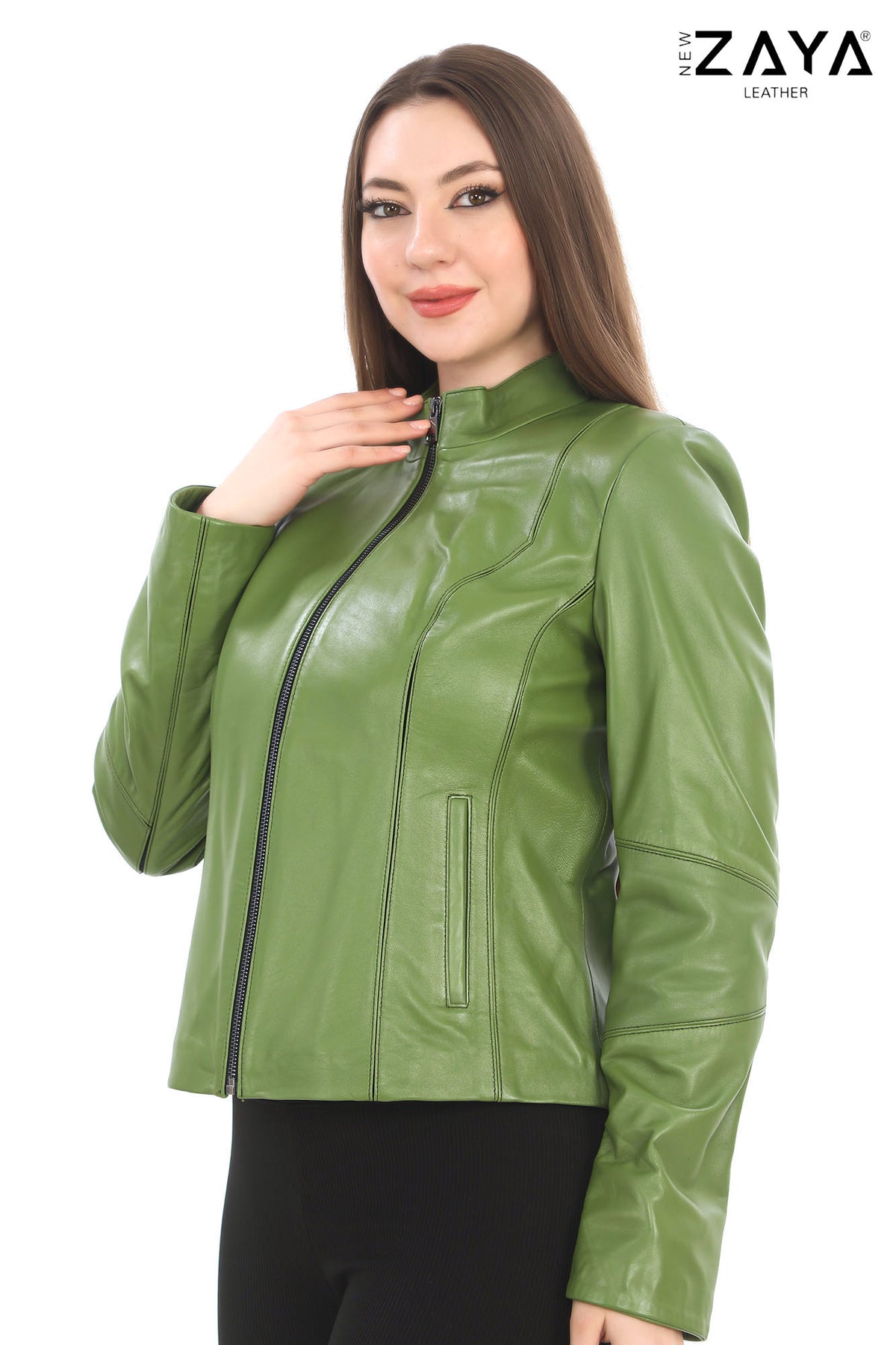 Virella Women's Green Genuine Leather Jacket with Stand Collar
