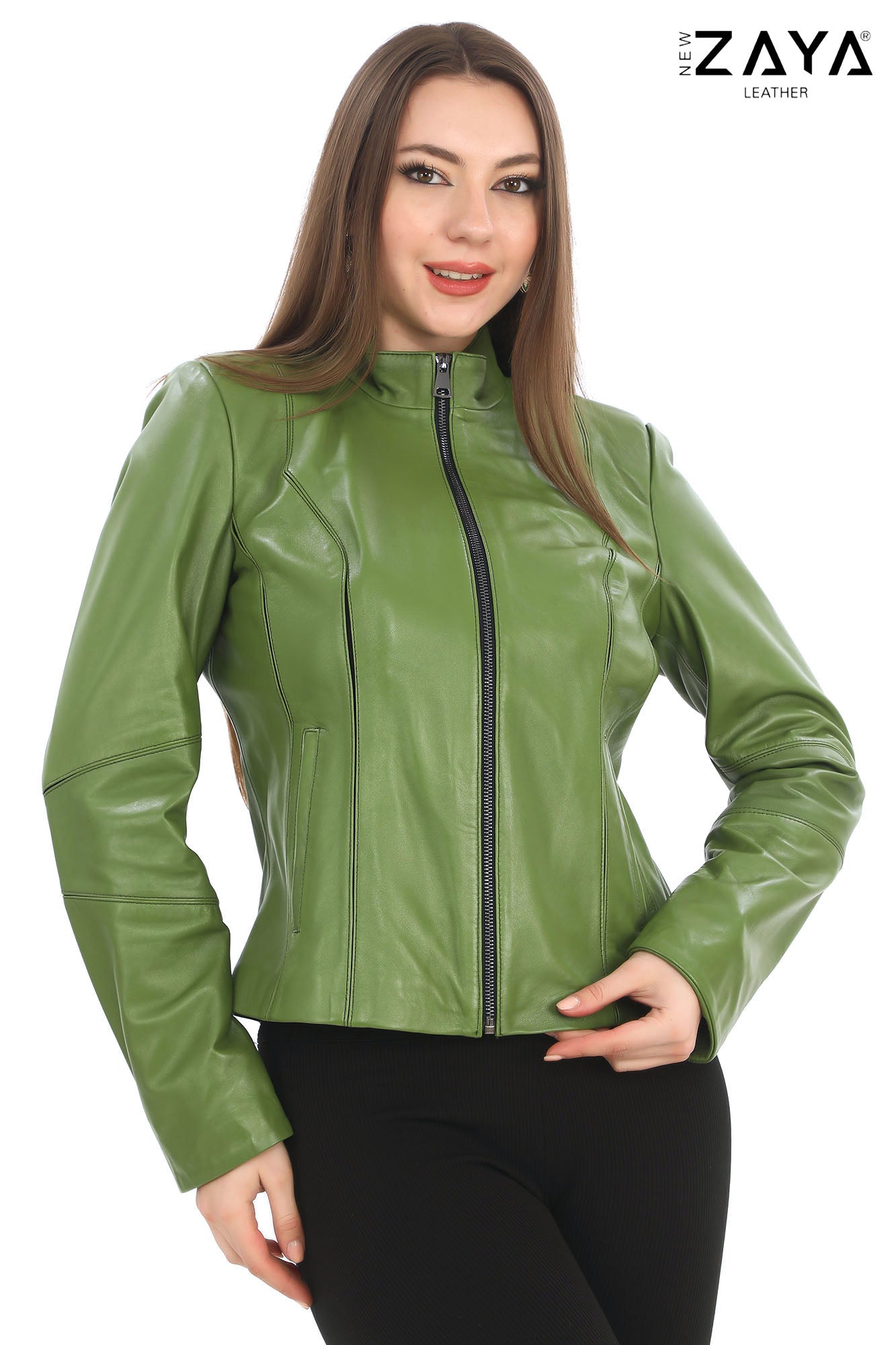 Virella Women's Green Genuine Leather Jacket with Stand Collar