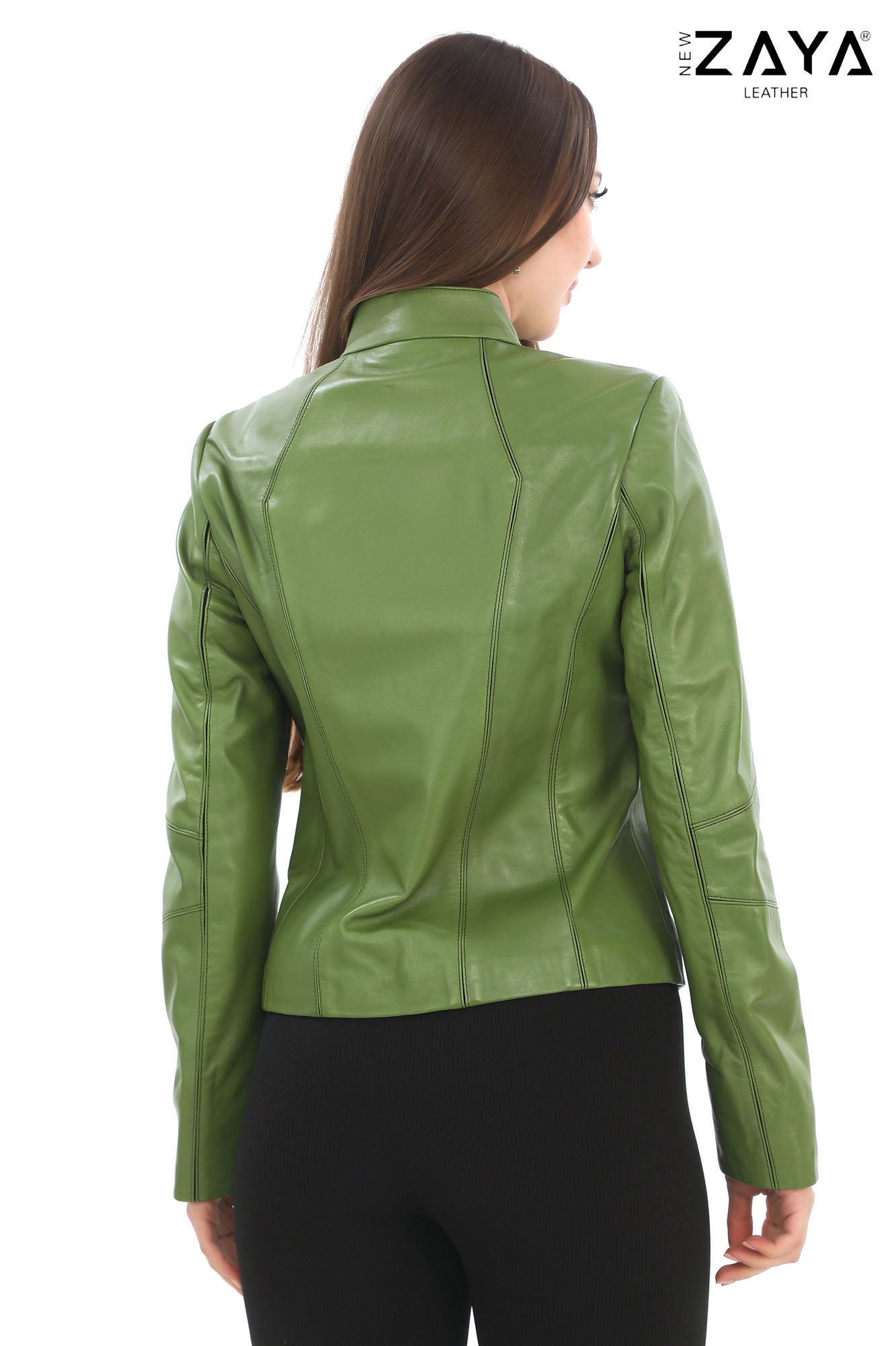 Virella Women's Green Genuine Leather Jacket with Stand Collar
