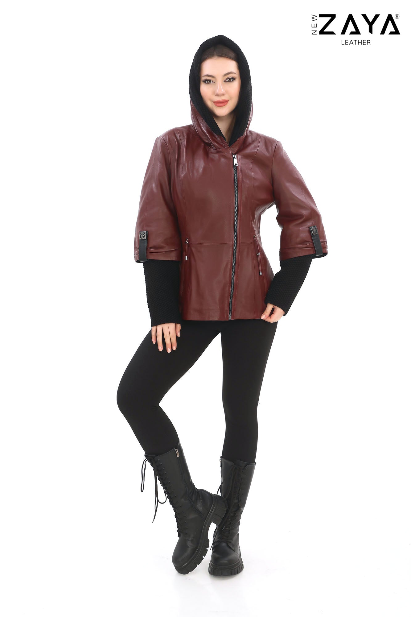 Chloe Genuine Leather Burgundy Hooded Jacket with Knitwear Trim