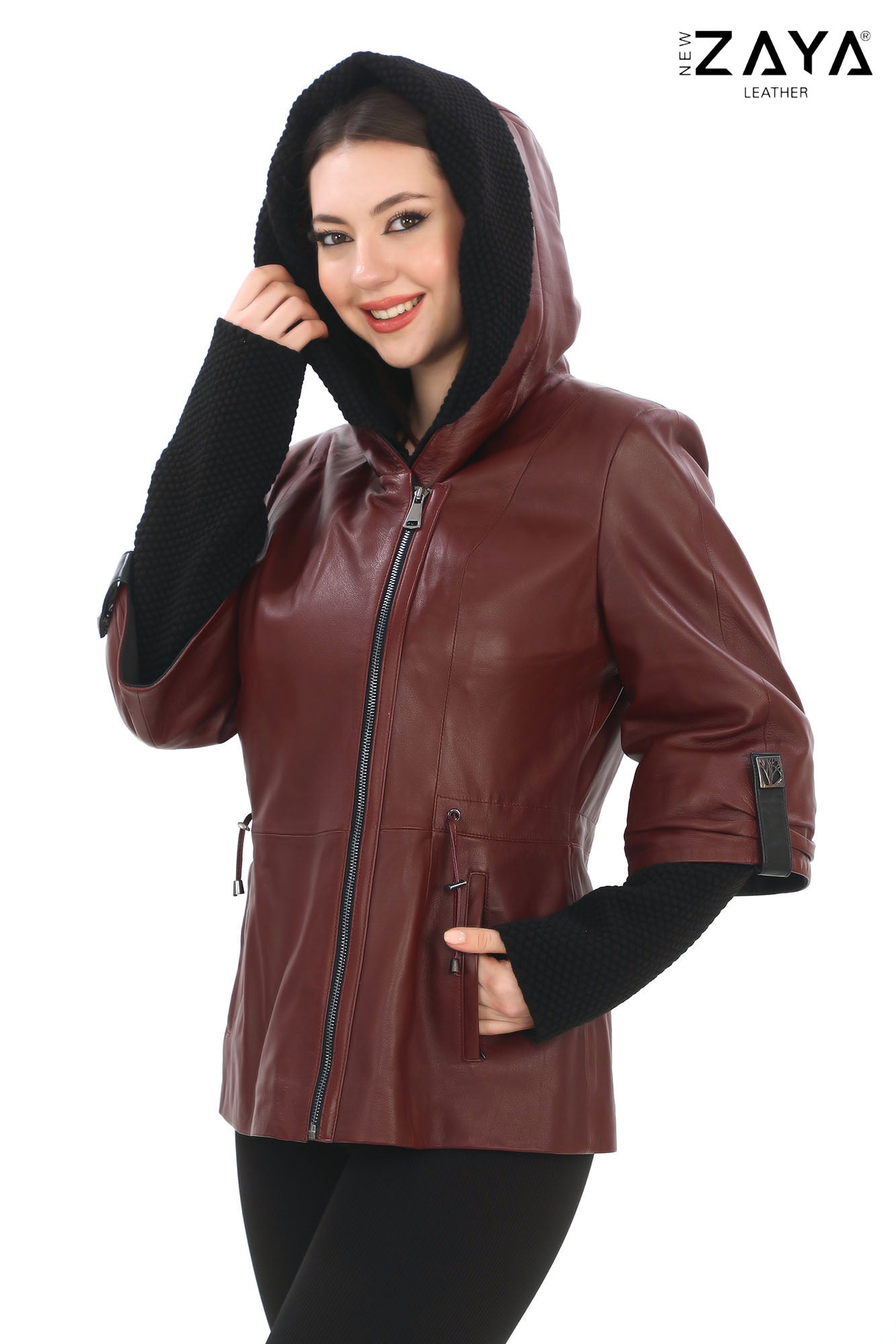 Chloe Genuine Leather Burgundy Hooded Jacket with Knitwear Trim