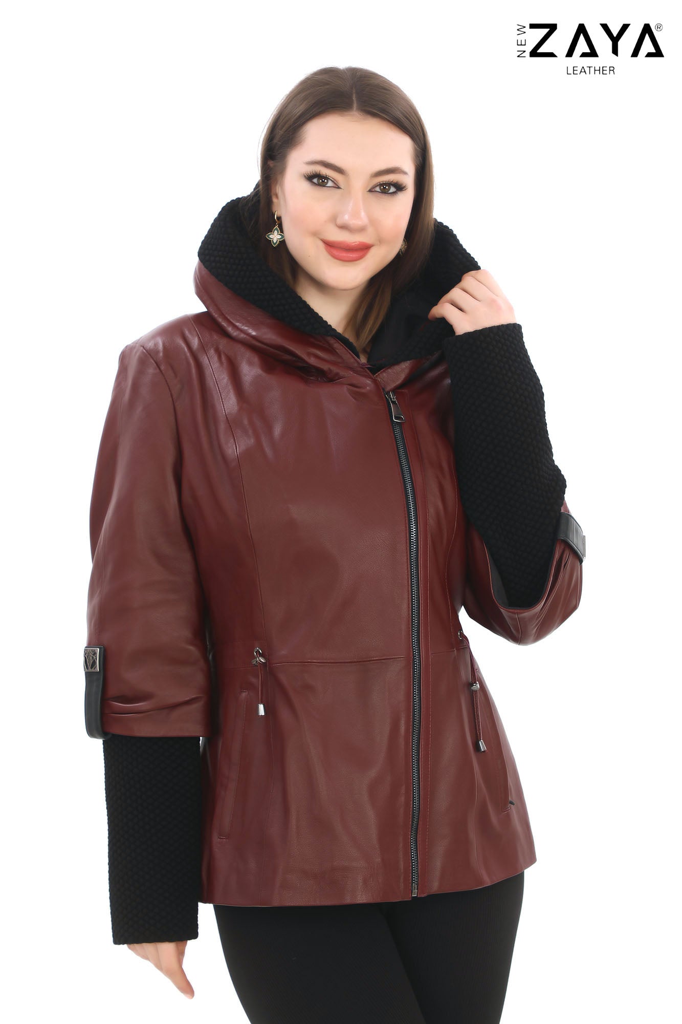 Chloe Genuine Leather Burgundy Hooded Jacket with Knitwear Trim