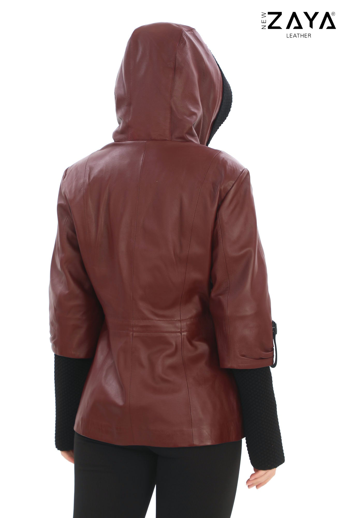 Chloe Genuine Leather Burgundy Hooded Jacket with Knitwear Trim