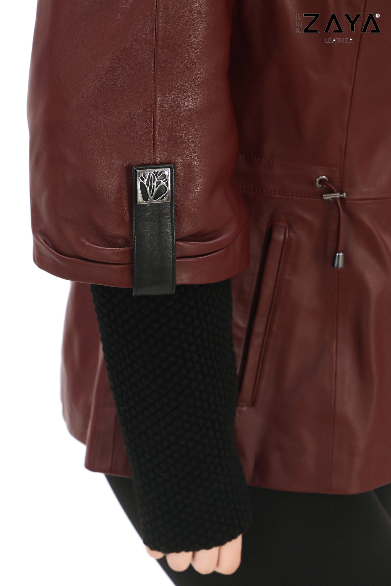 Chloe Genuine Leather Burgundy Hooded Jacket with Knitwear Trim