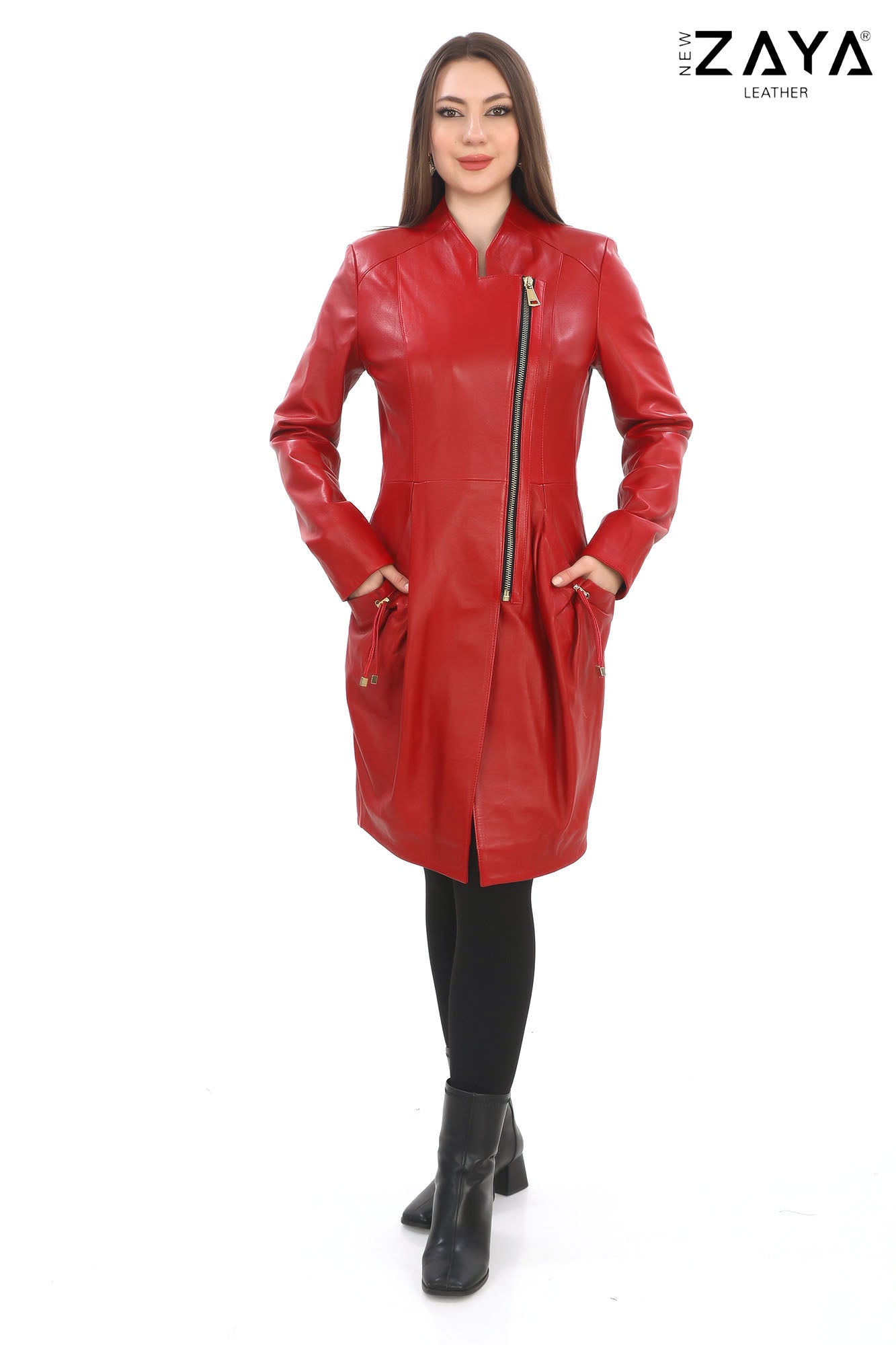 SCARLET Asymmetric ZIP Black Genuine Lambskin Leather Trench Red