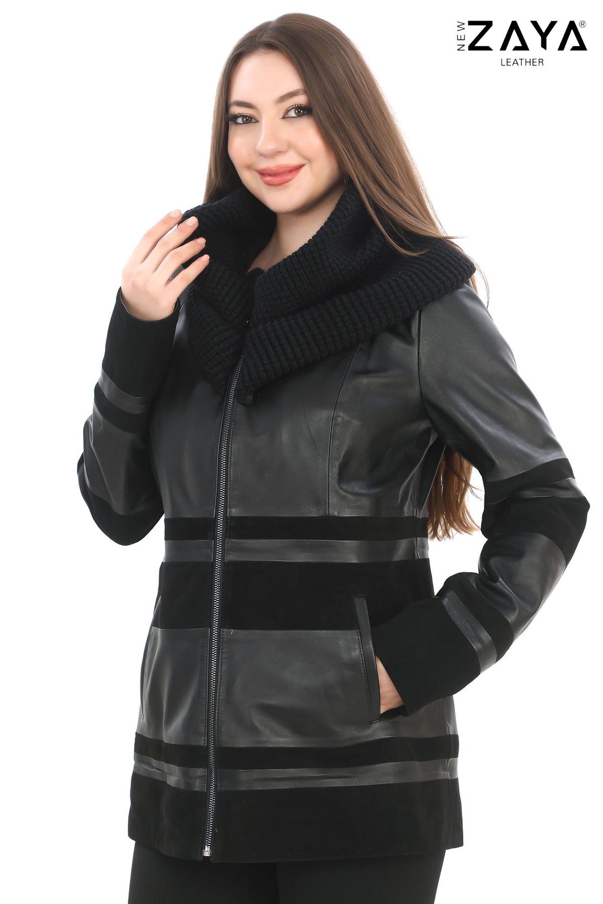 Aurevine Women’s Black Genuine Leather Jacket with Knit Shawl Collar and Suede Contrast Panels