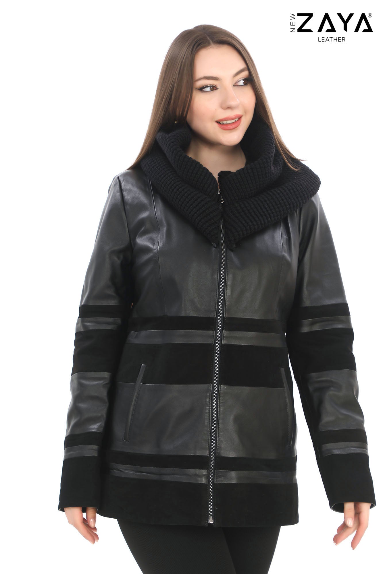 Aurevine Women’s Black Genuine Leather Jacket with Knit Shawl Collar and Suede Contrast Panels