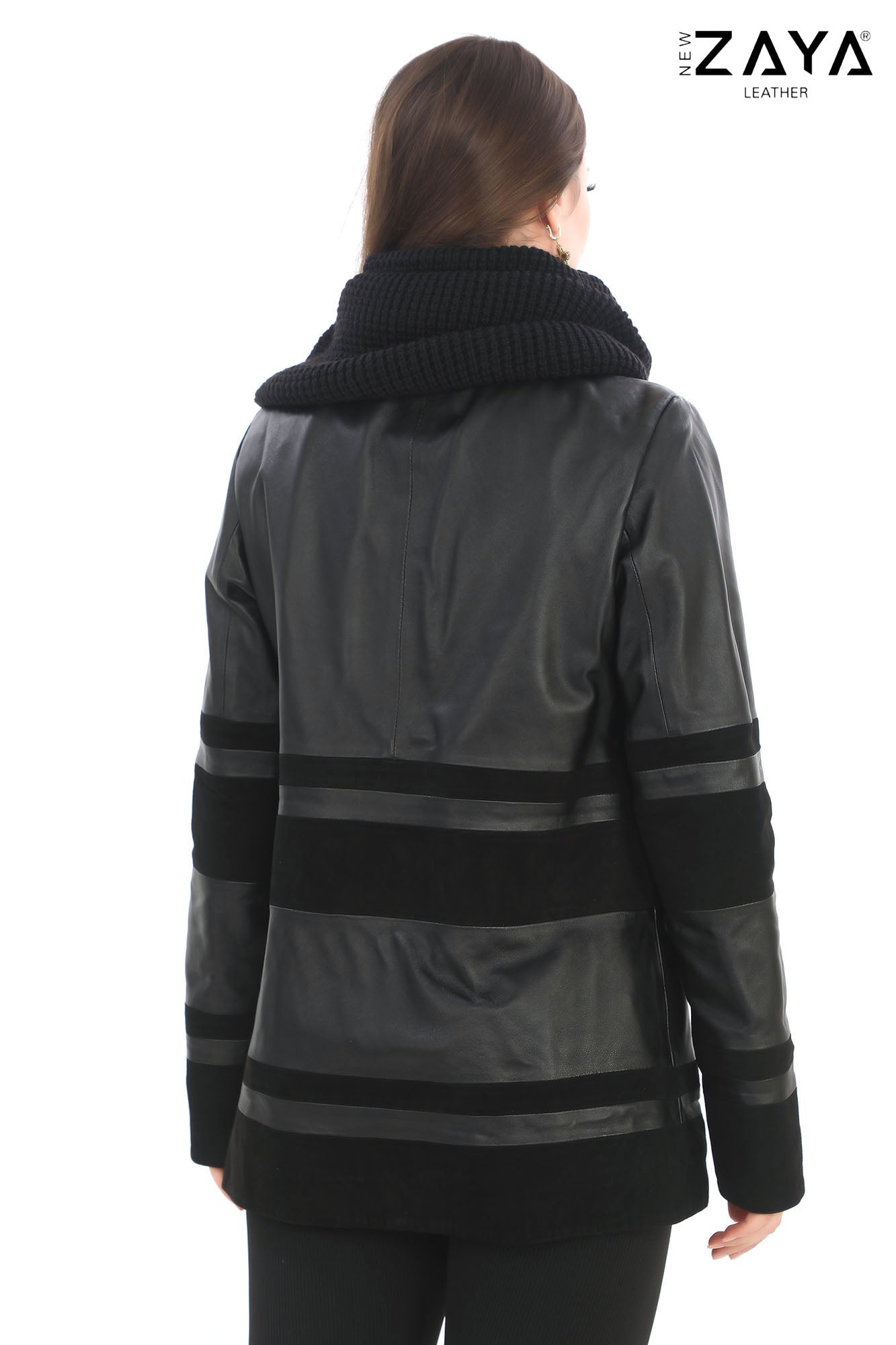 Aurevine Women’s Black Genuine Leather Jacket with Knit Shawl Collar and Suede Contrast Panels