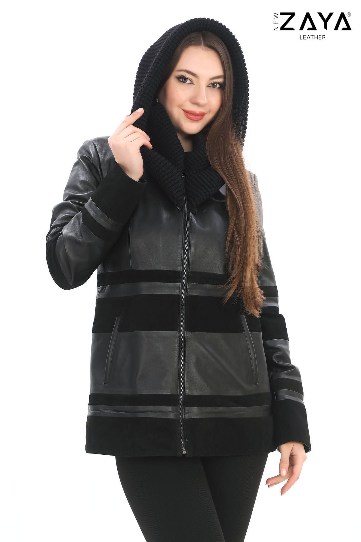 Aurevine Women’s Black Genuine Leather Jacket with Knit Shawl Collar and Suede Contrast Panels