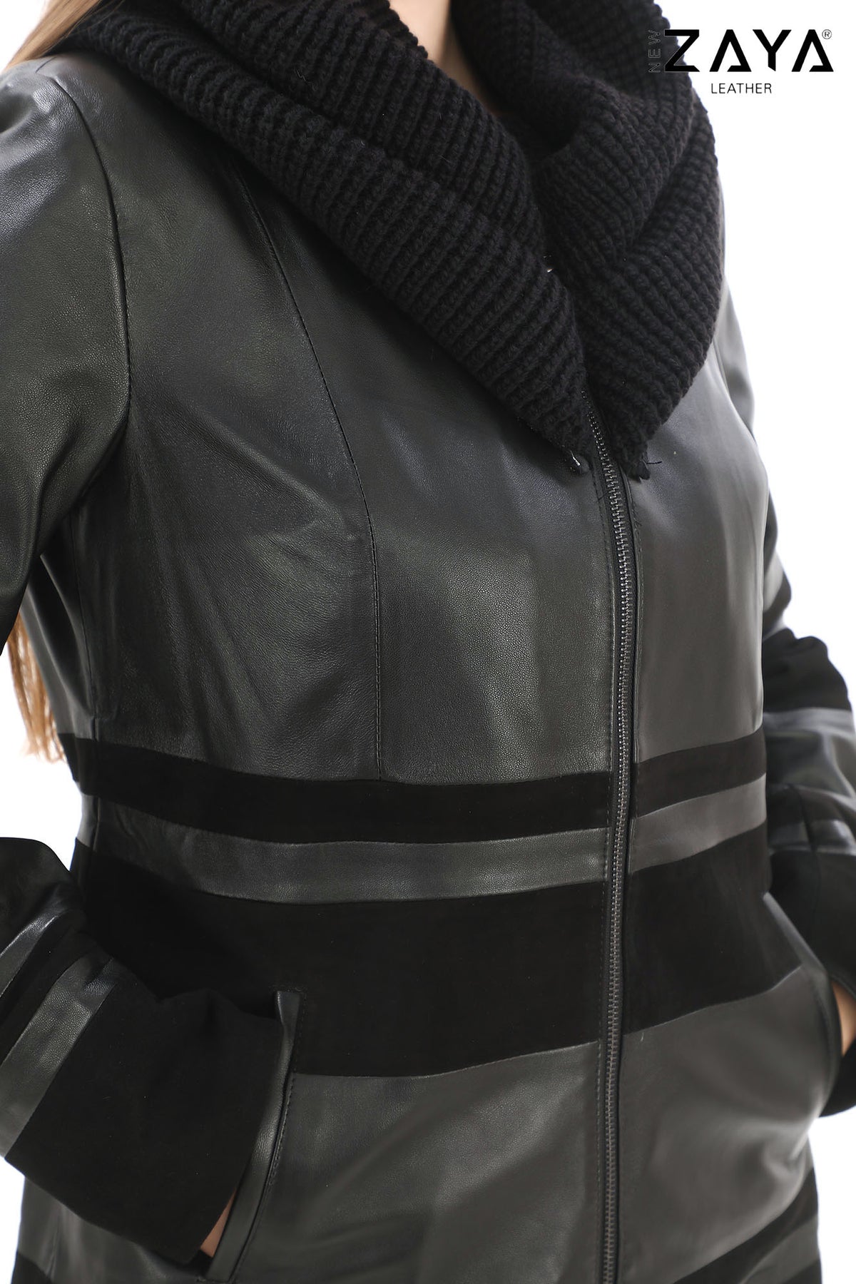 Aurevine Women’s Black Genuine Leather Jacket with Knit Shawl Collar and Suede Contrast Panels