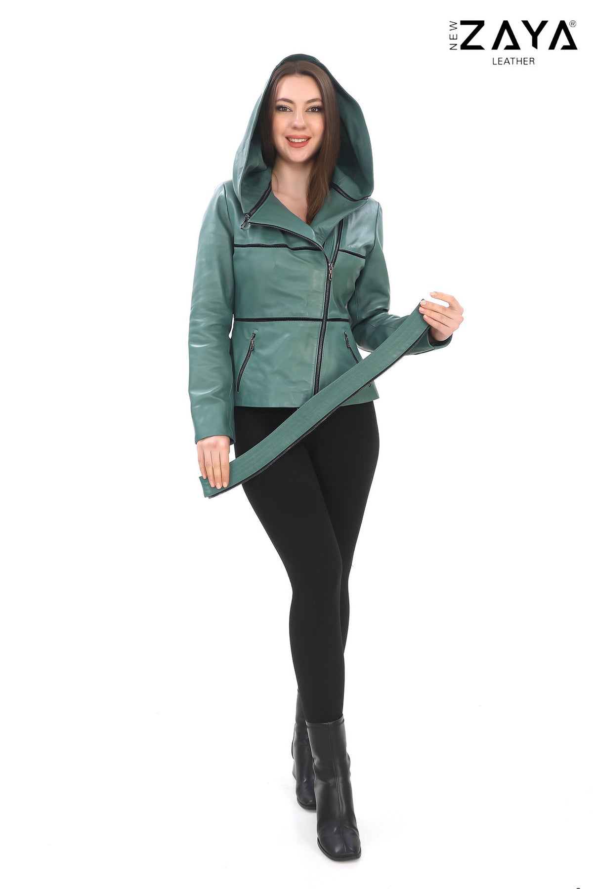 JAEEN Turquoise Genuine Lambskin Leather Jacket with Detachable Hood