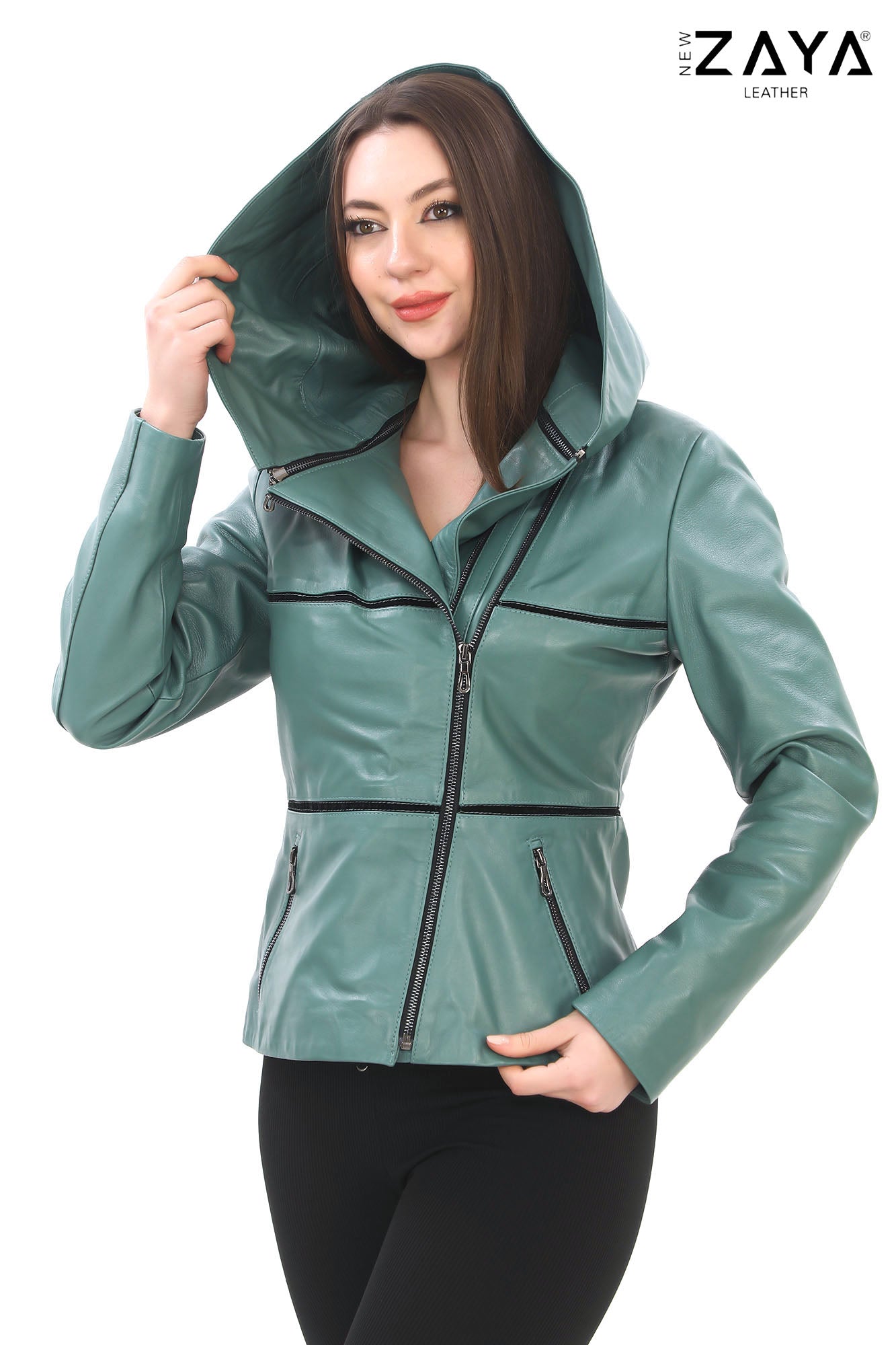 JAEEN Turquoise Genuine Lambskin Leather Jacket with Detachable Hood
