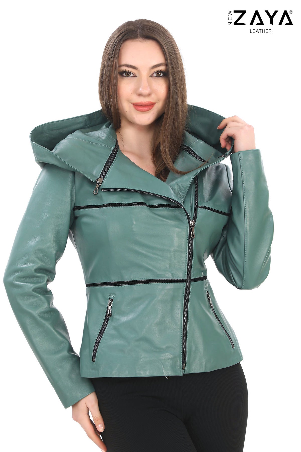 JAEEN Turquoise Genuine Lambskin Leather Jacket with Detachable Hood