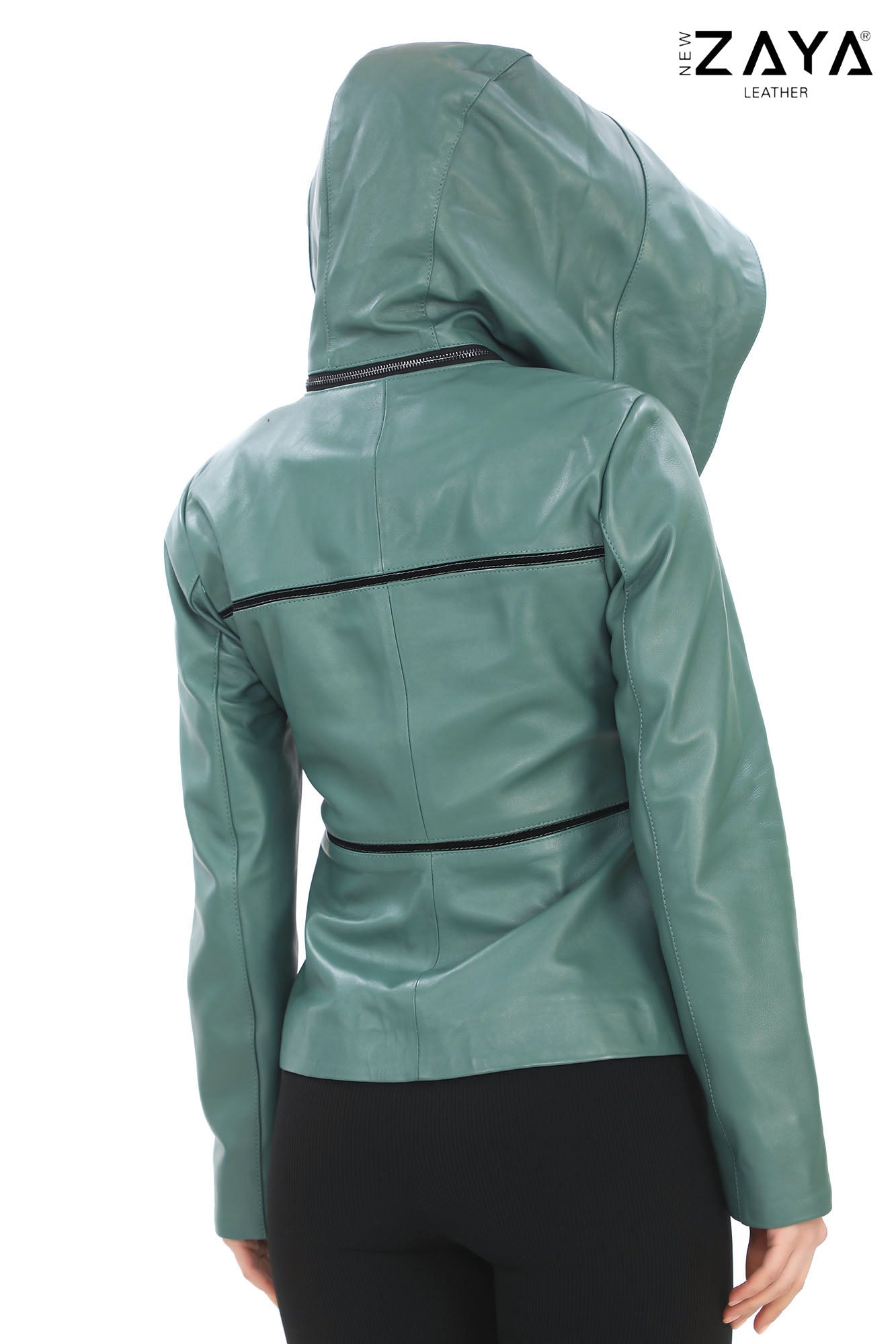 JAEEN Turquoise Genuine Lambskin Leather Jacket with Detachable Hood