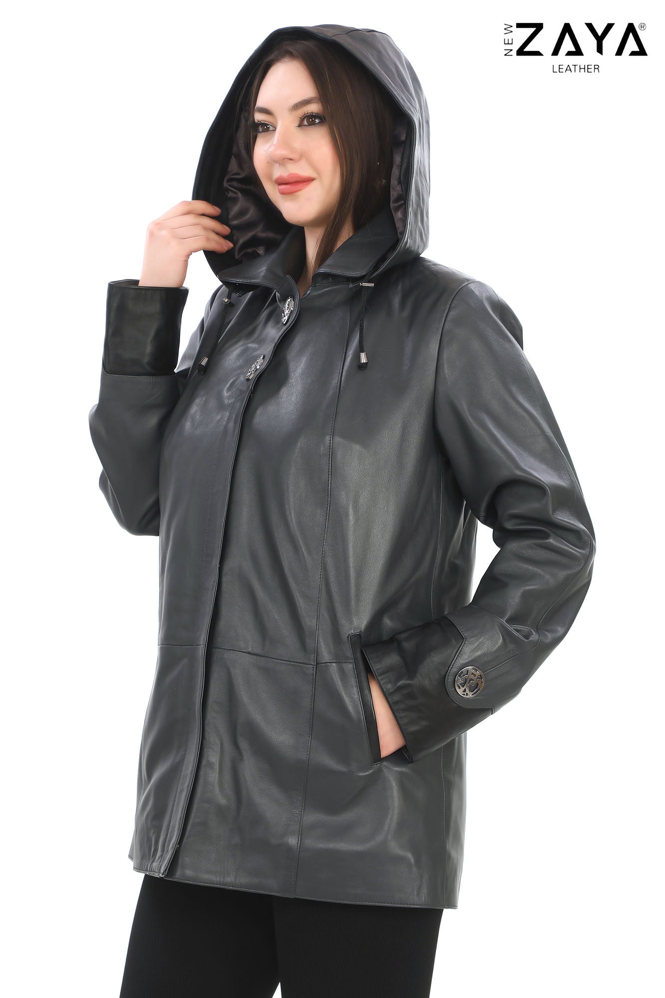 AUREN Grey Hooded Leather Trench Coat
