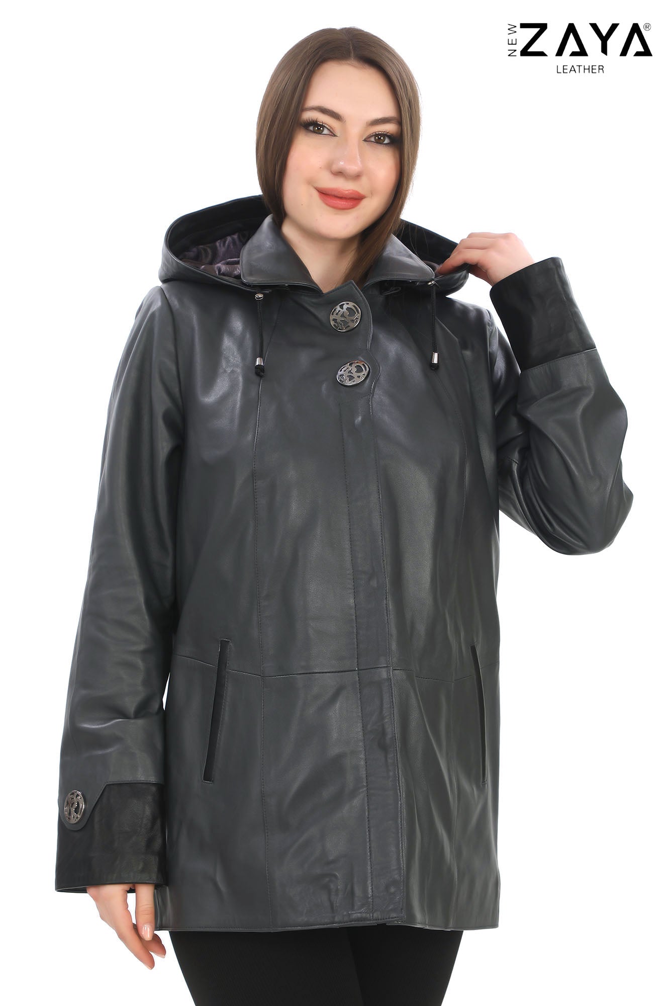 AUREN Grey Hooded Leather Trench Coat