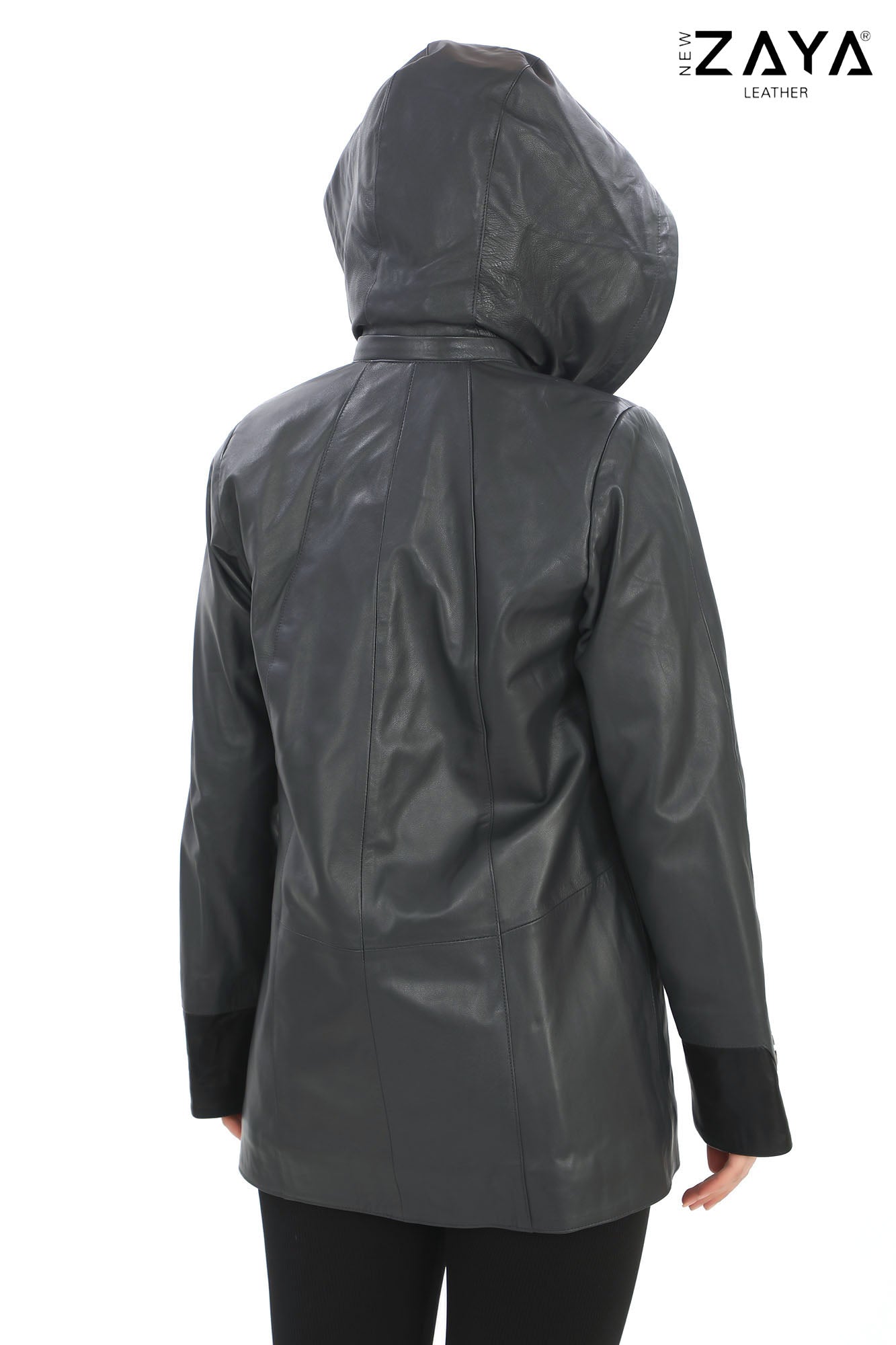 AUREN Grey Hooded Leather Trench Coat