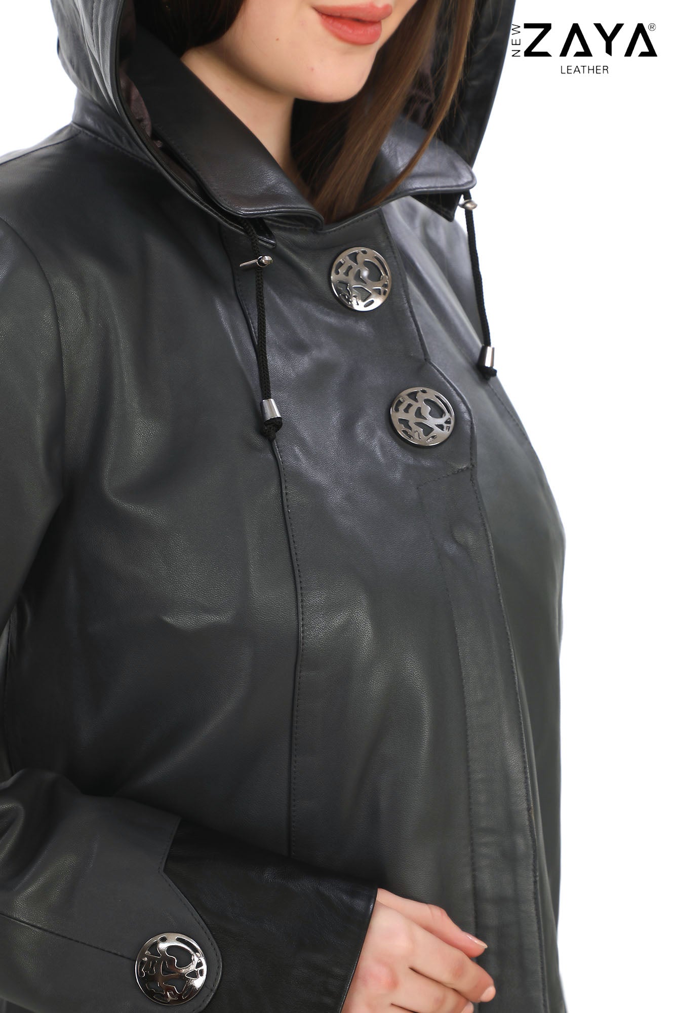 AUREN Grey Hooded Leather Trench Coat