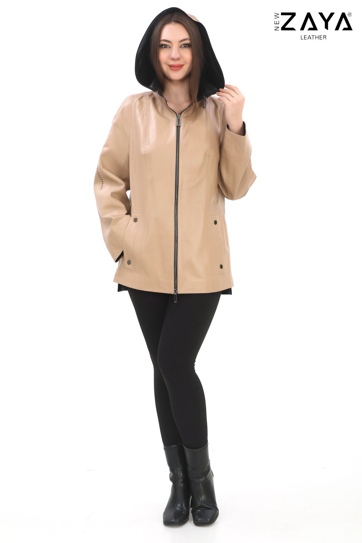 Udine Genuine Lambskin Camel Leather Jacket with Snap Button Pockets