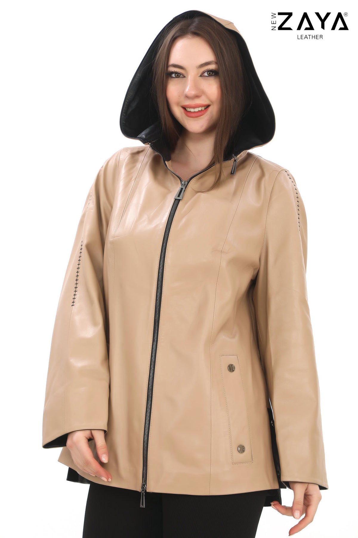 Udine Genuine Lambskin Camel Leather Jacket with Snap Button Pockets