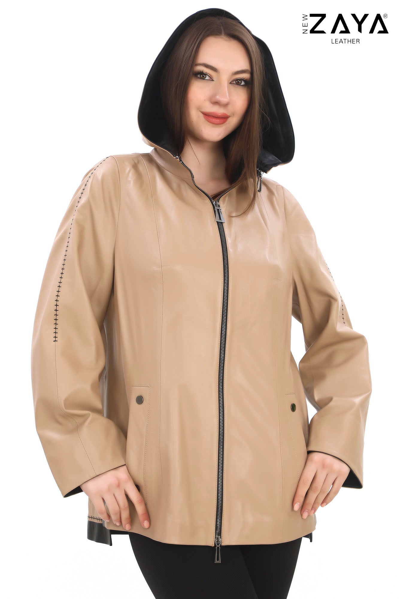 Udine Genuine Lambskin Camel Leather Jacket with Snap Button Pockets