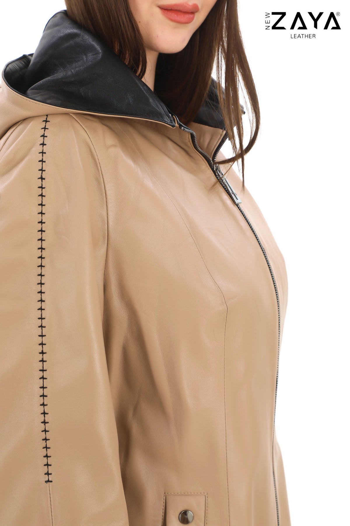 Udine Genuine Lambskin Camel Leather Jacket with Snap Button Pockets