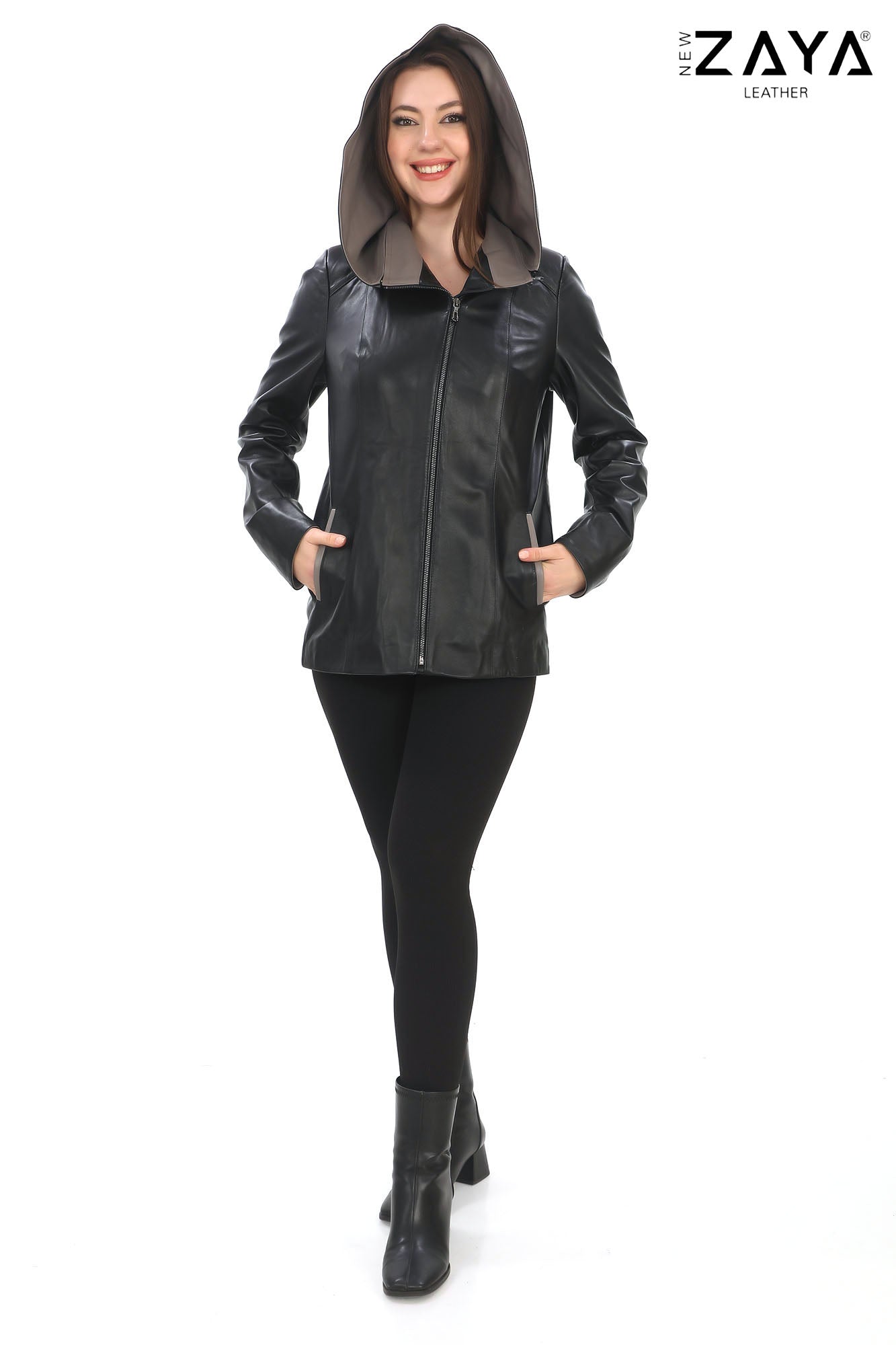 MARTA Black Detachable Hood Lambskin Leather Jacket