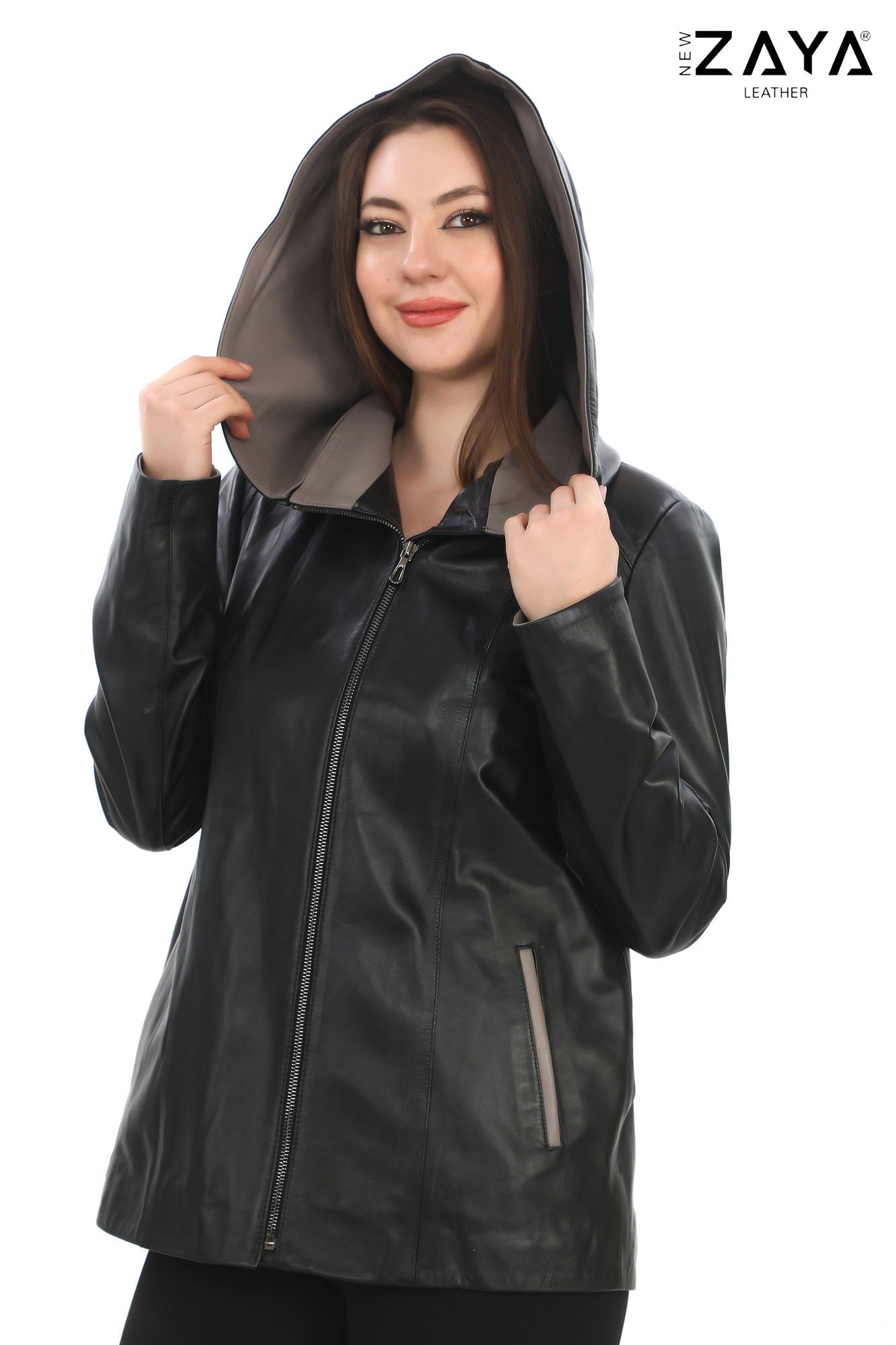 MARTA Black Detachable Hood Lambskin Leather Jacket