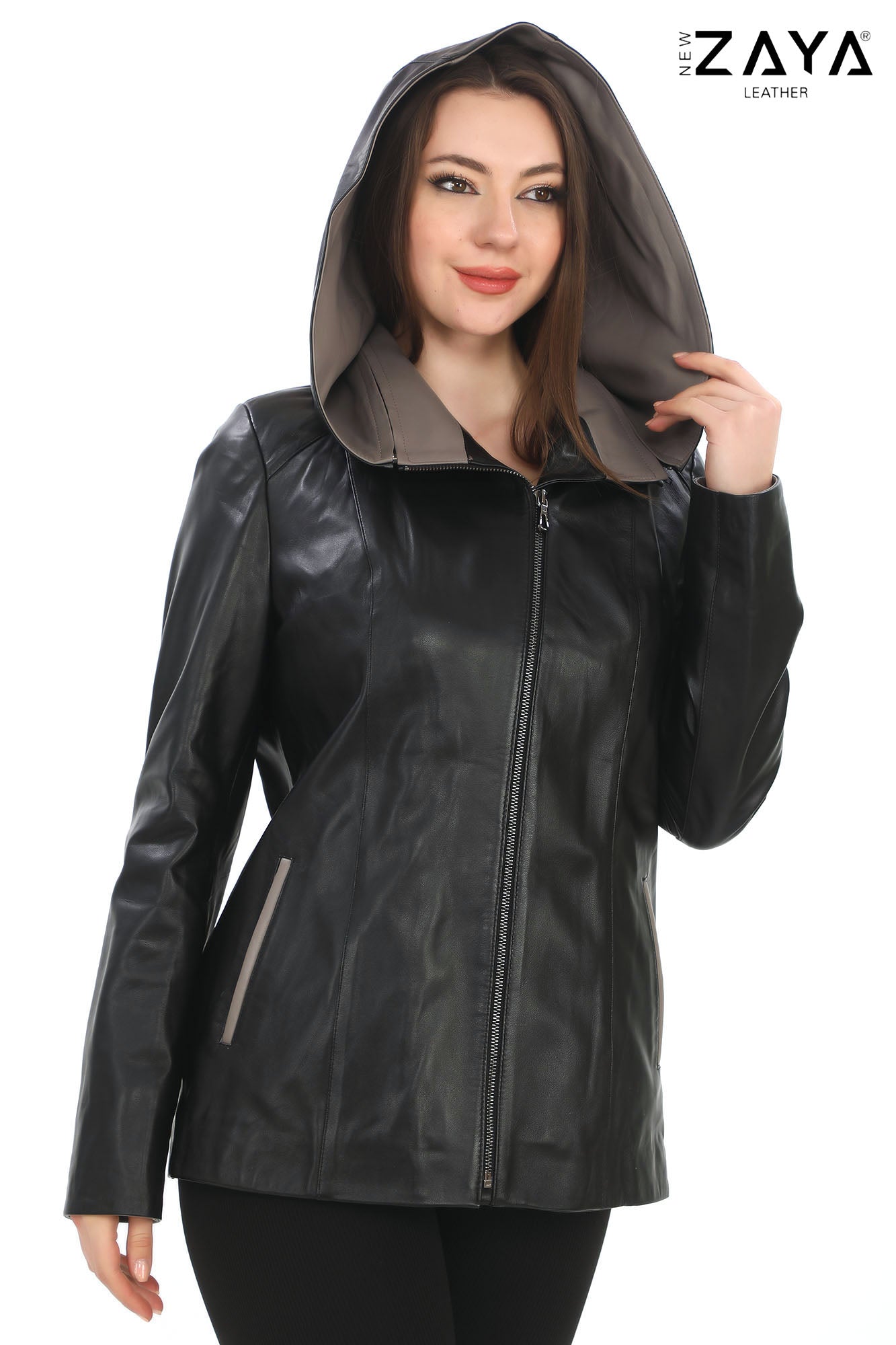 MARTA Black Detachable Hood Lambskin Leather Jacket